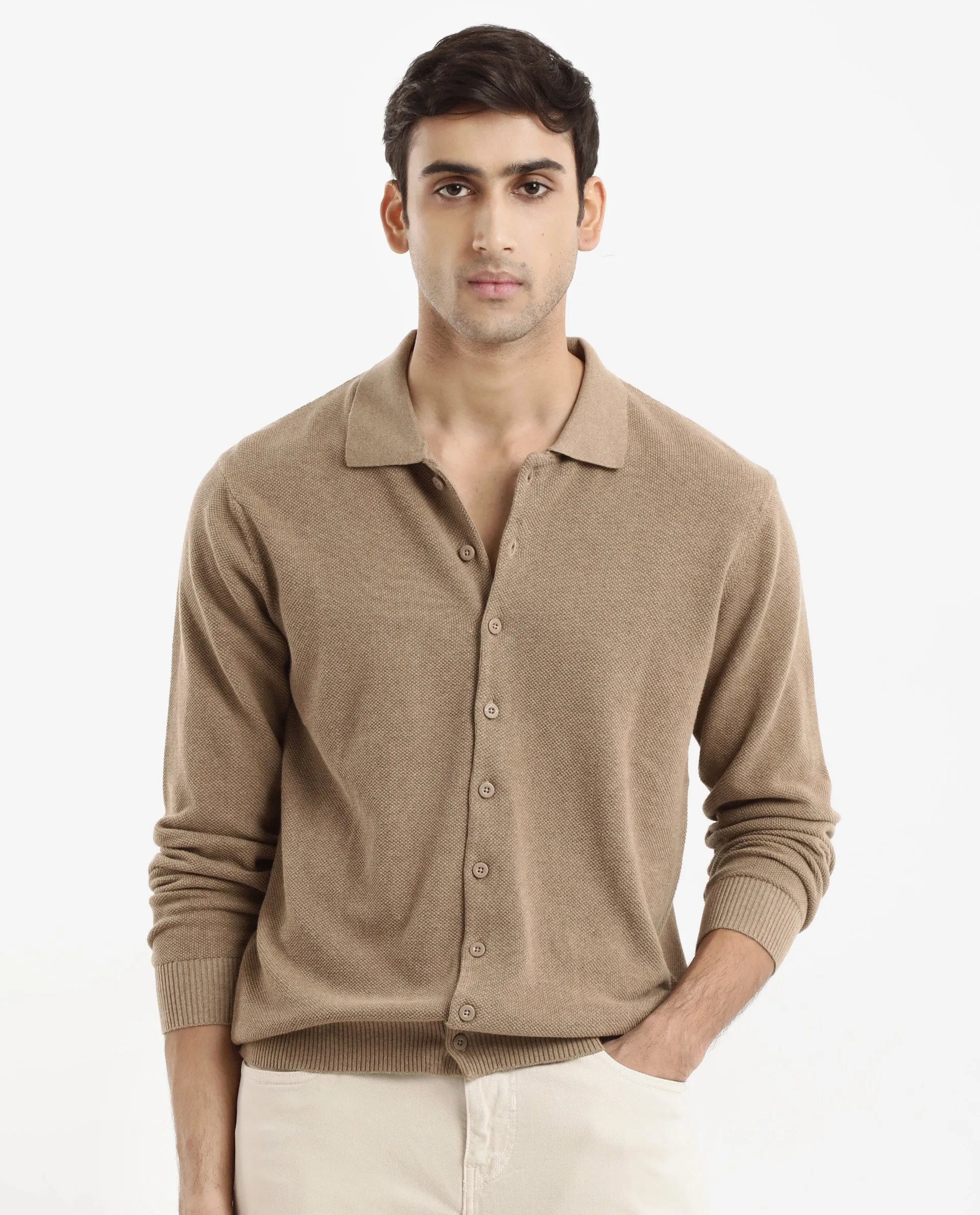 Rare Rabbit Men's Alias-N Beige Cotton Fabric Full Sleeve Regular Collar Regular Fit Knitted Shirt