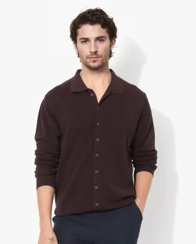 Rare Rabbit Men's Alias-N Brown Cotton Fabric Full Sleeve Regular Collar Regular Fit Knitted Shirt