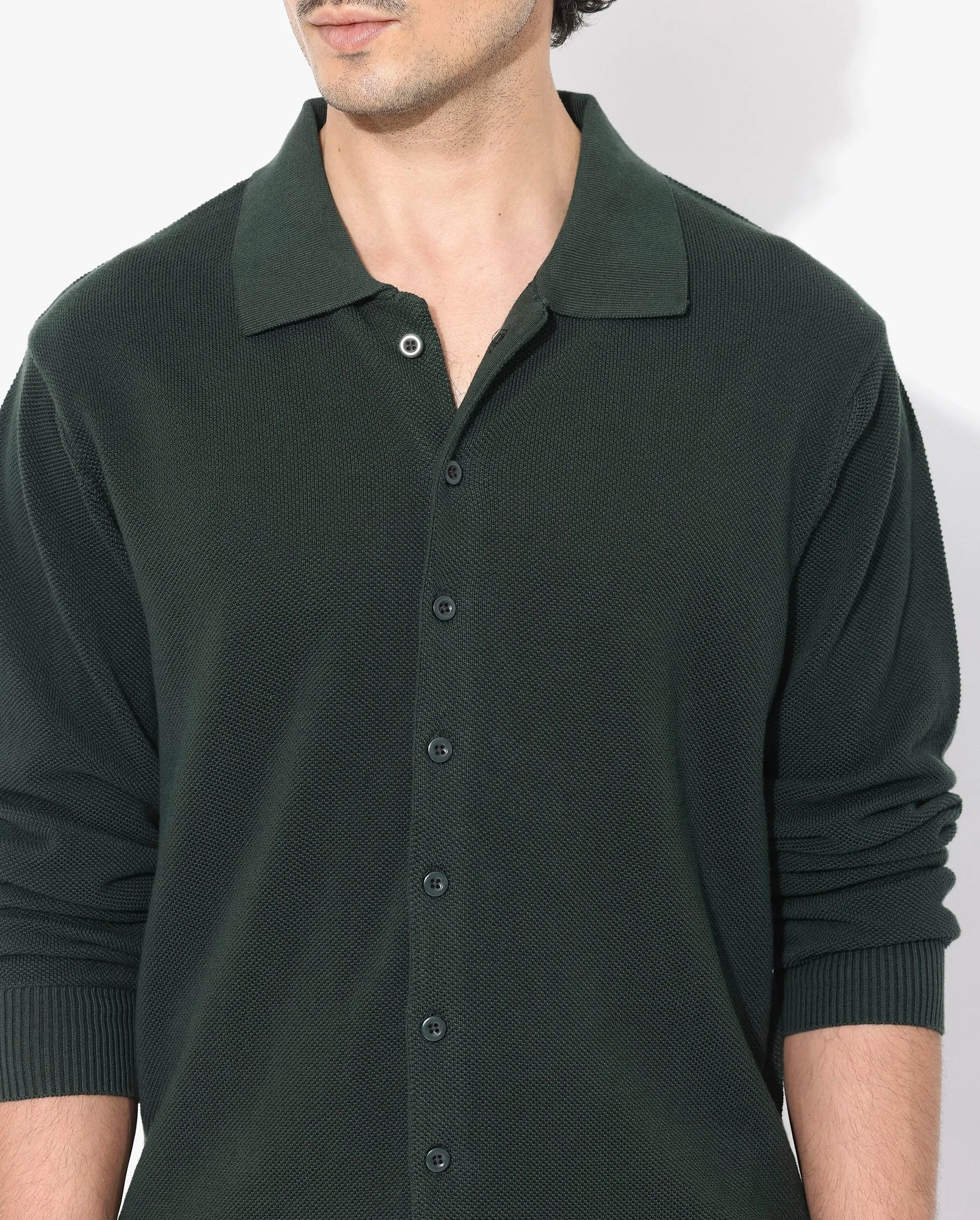 Rare Rabbit Men's Alias-N Dark Green Cotton Fabric Full Sleeve Regular Collar Regular Fit Knitted Shirt