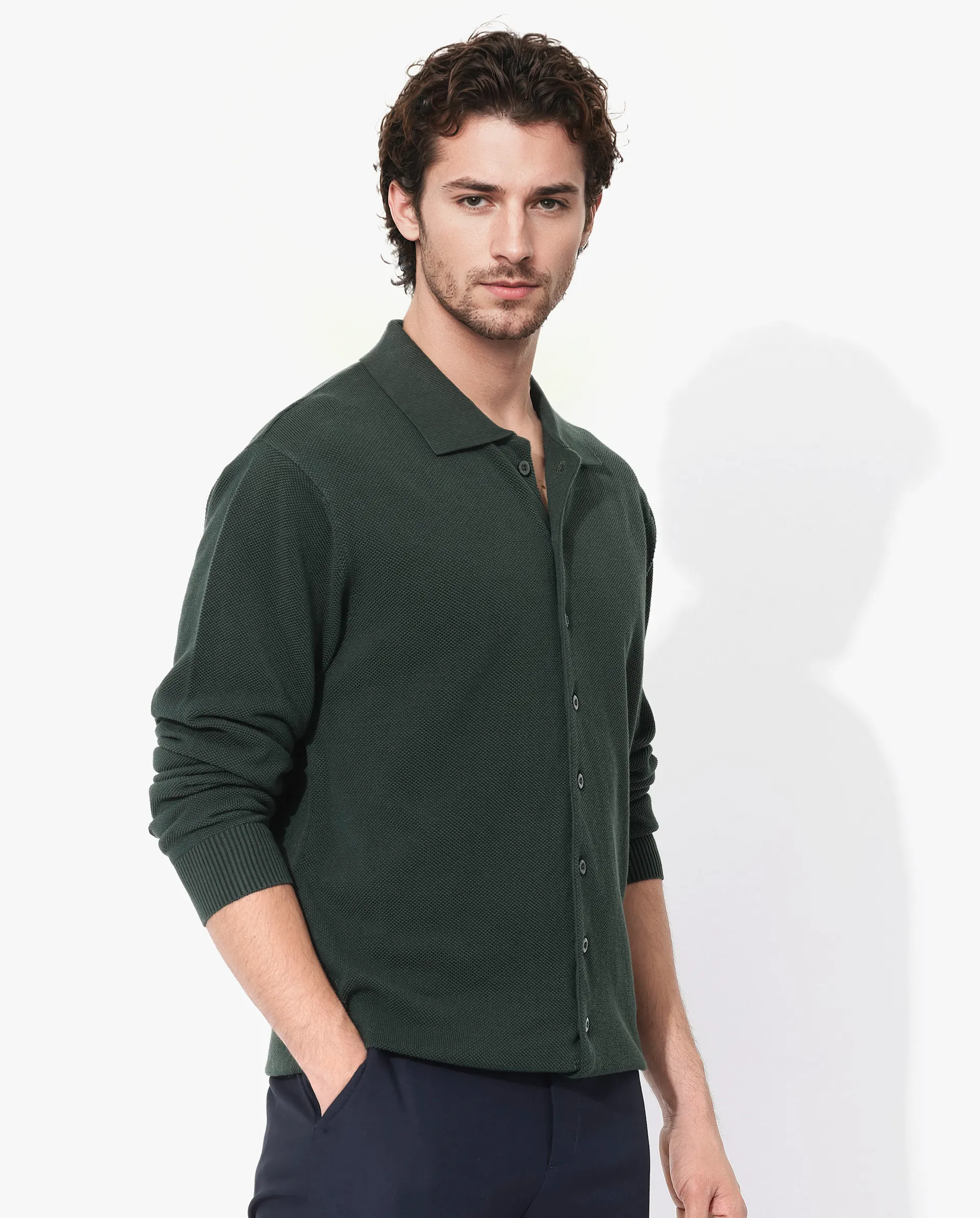 Rare Rabbit Men's Alias-N Dark Green Cotton Fabric Full Sleeve Regular Collar Regular Fit Knitted Shirt