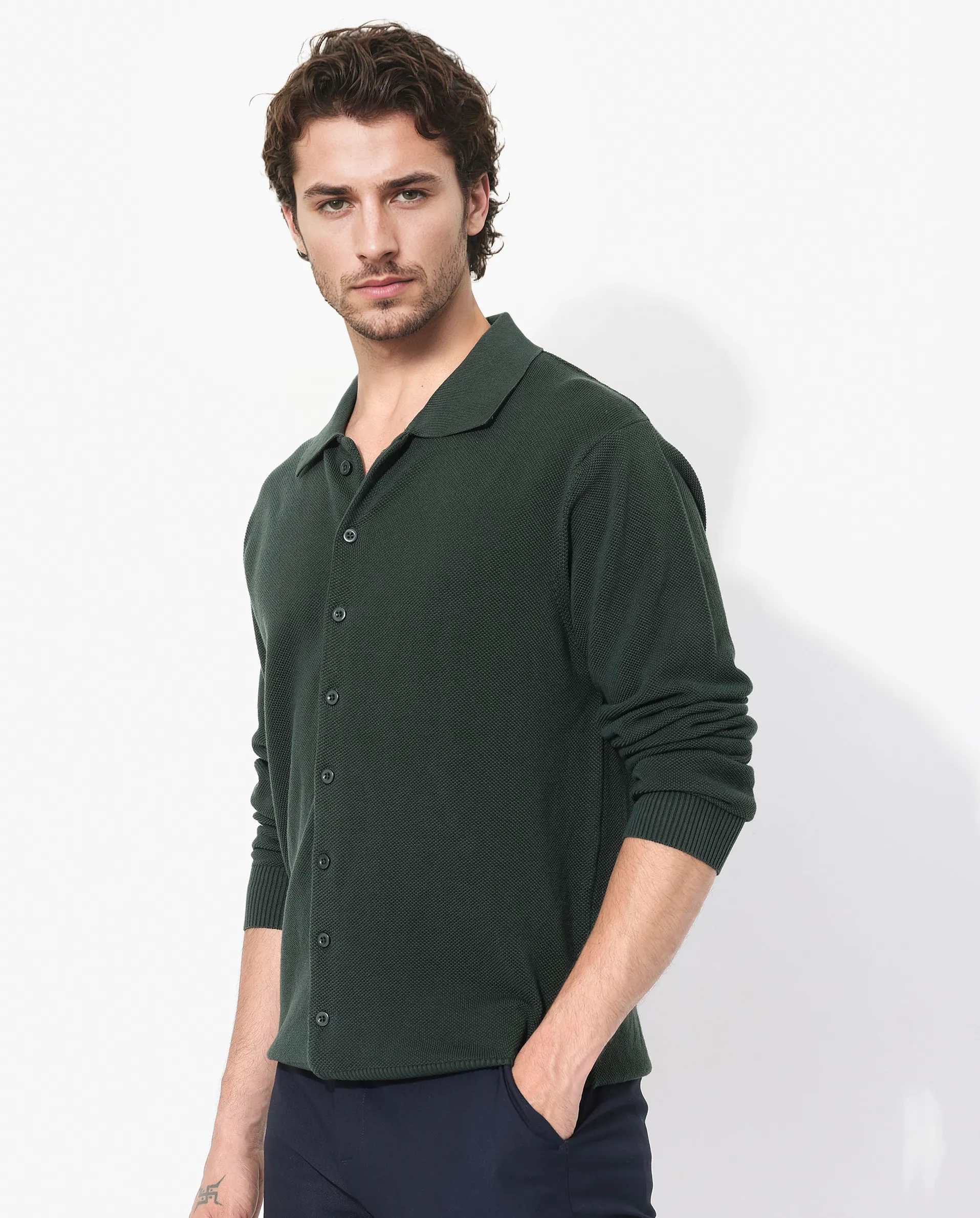 Rare Rabbit Men's Alias-N Dark Green Cotton Fabric Full Sleeve Regular Collar Regular Fit Knitted Shirt