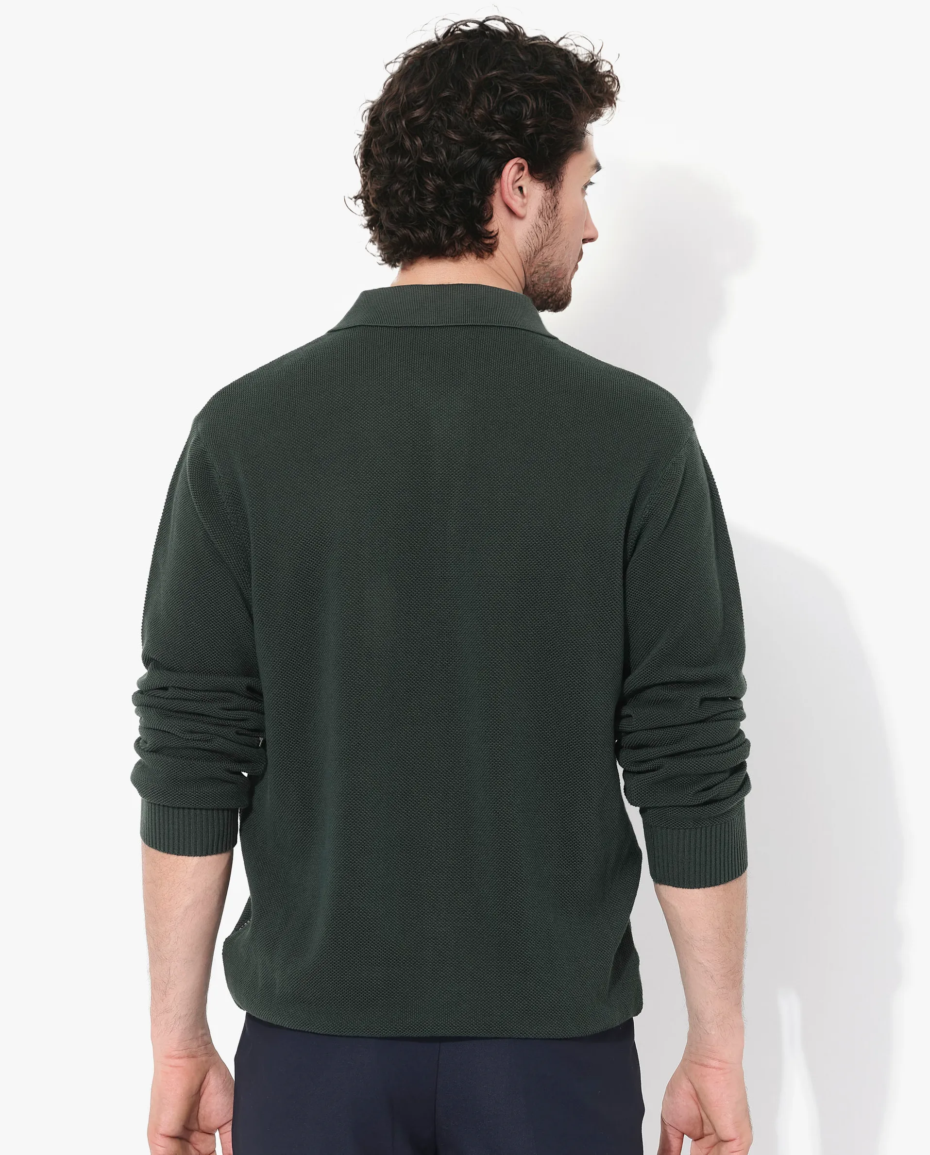 Rare Rabbit Men's Alias-N Dark Green Cotton Fabric Full Sleeve Regular Collar Regular Fit Knitted Shirt