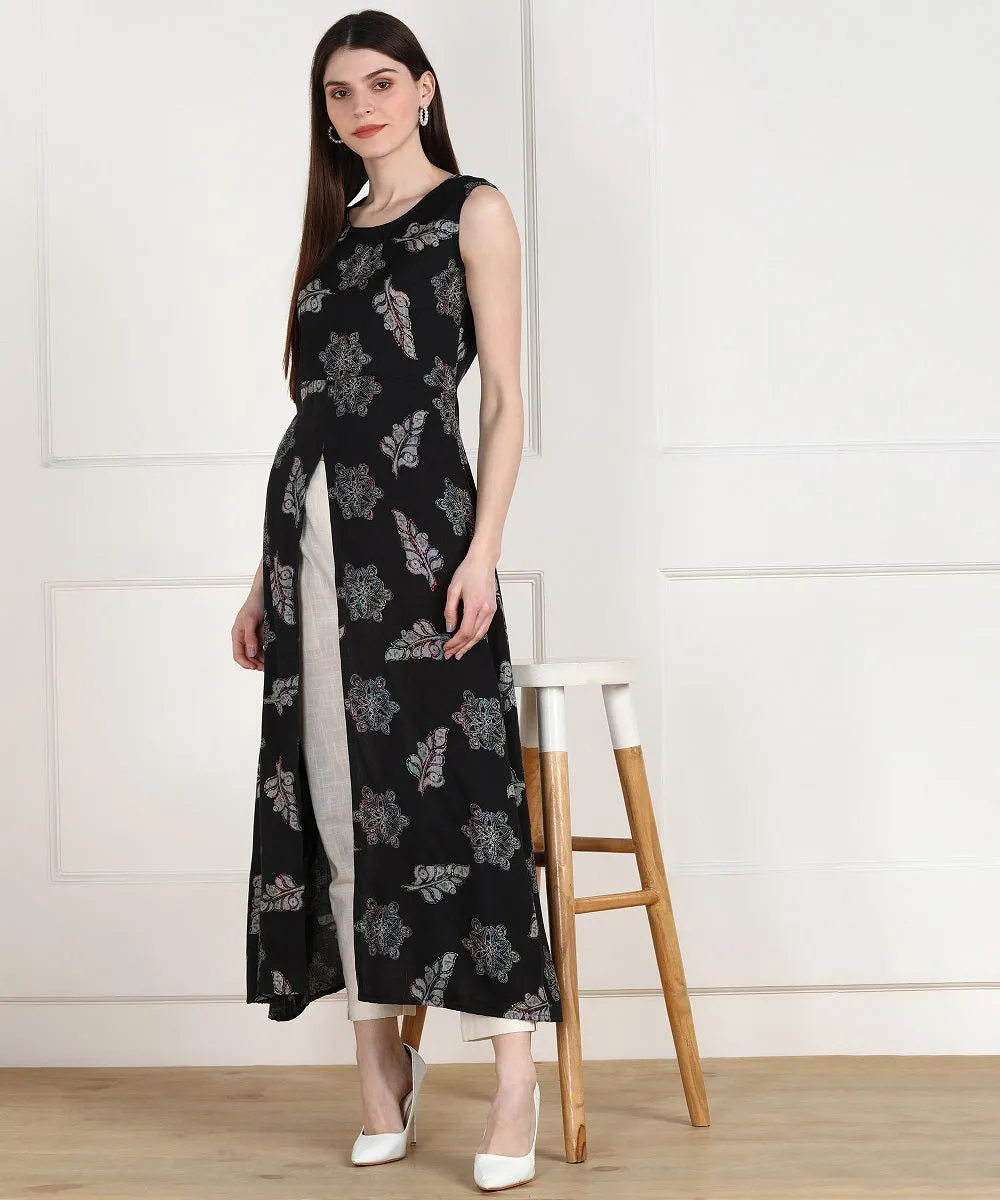 Rayon Leaf Print High Slit Cape Kurta - Black