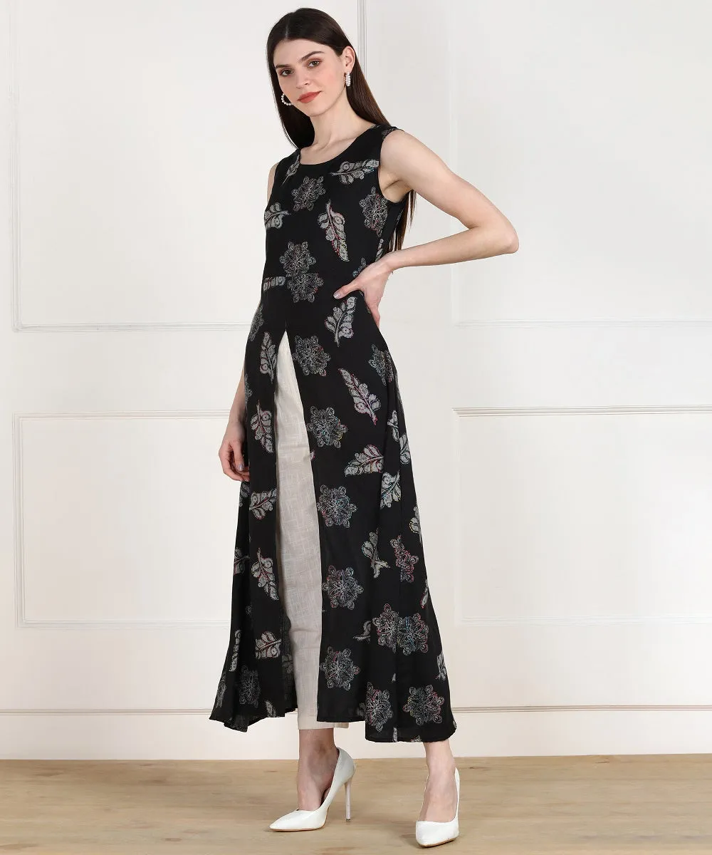 Rayon Leaf Print High Slit Cape Kurta - Black