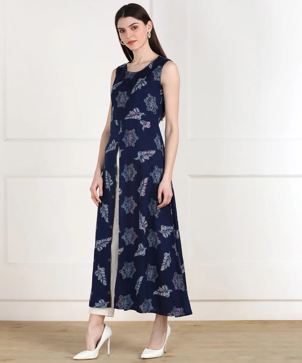 Rayon Leaf Print High Slit Cape Kurta - Blue