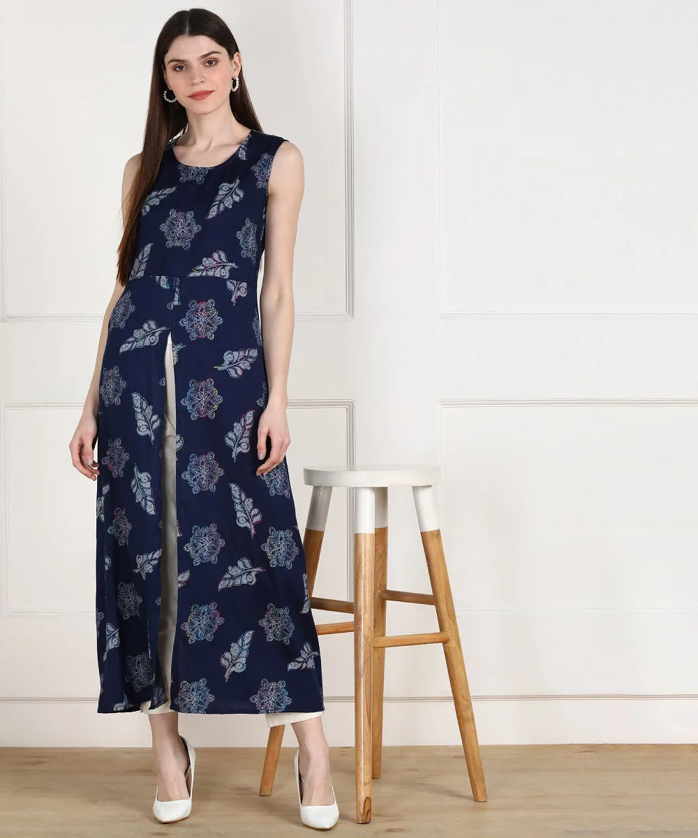 Rayon Leaf Print High Slit Cape Kurta - Blue