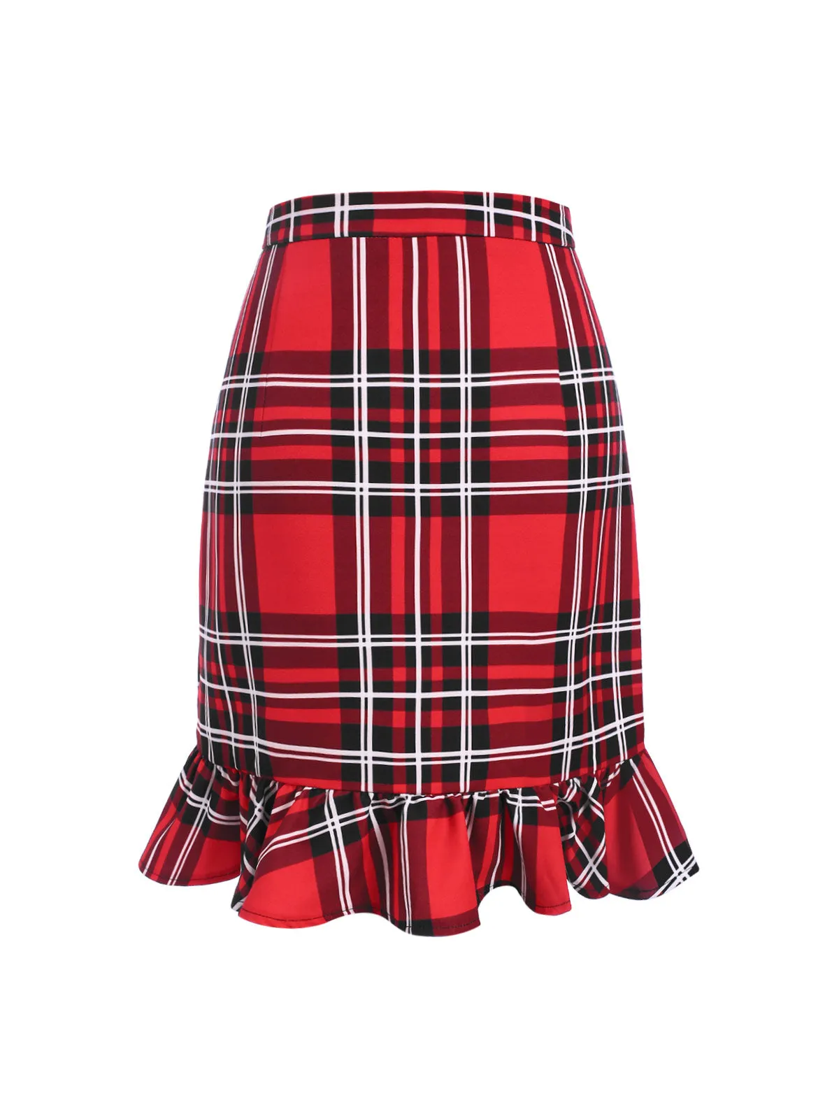 Red 1970s Tartan Plaids Bow Ruffles Skirt