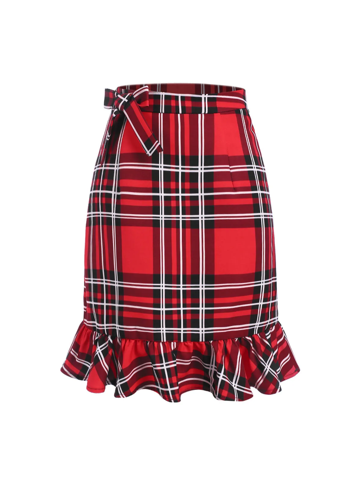 Red 1970s Tartan Plaids Bow Ruffles Skirt