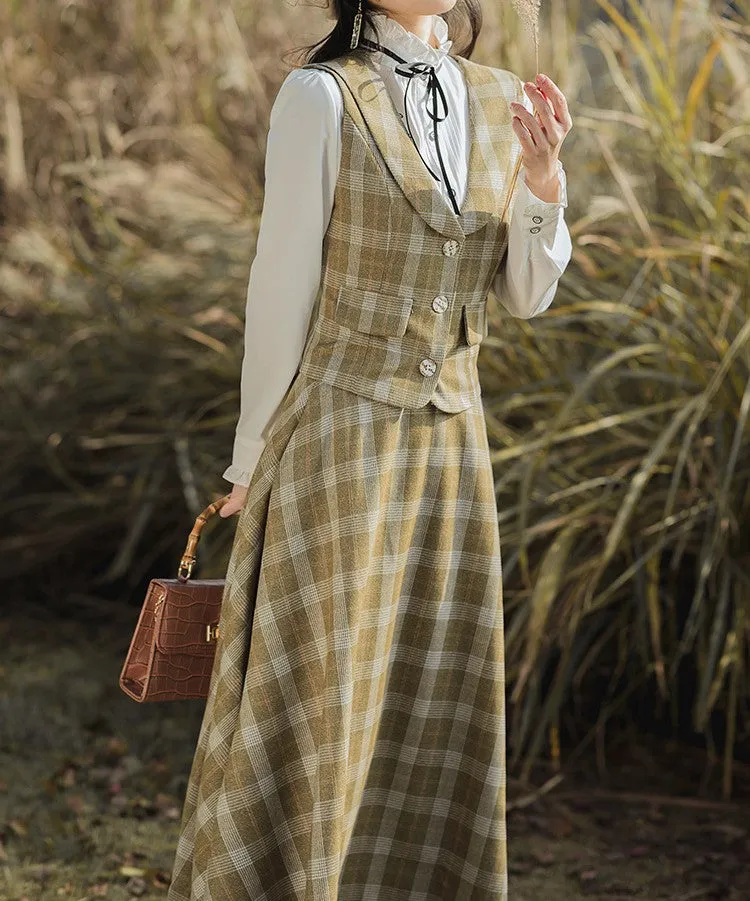 Retro Academia Plaid Blouse Vest Skirt Set