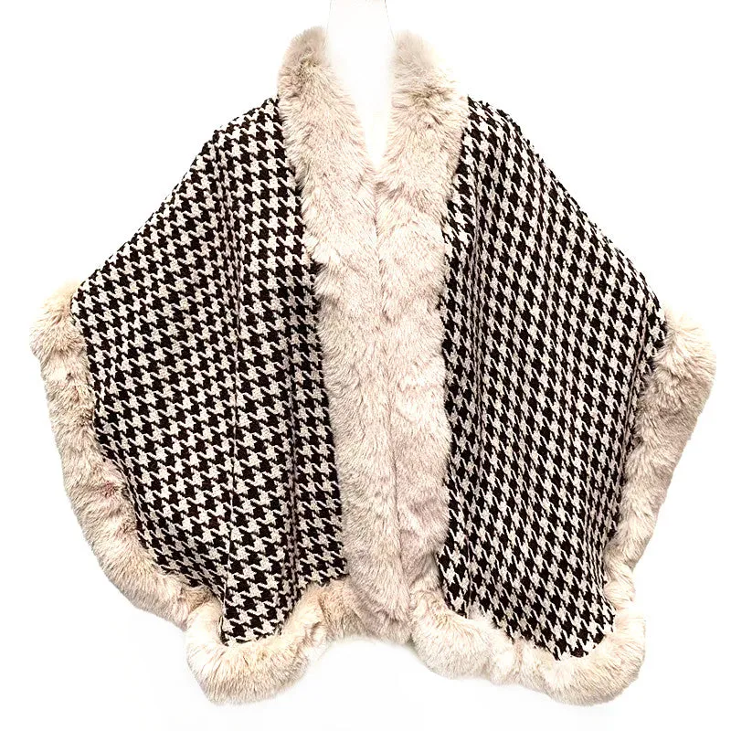 RITZY Beige Houndstooth Poncho with Faux Fur Trim Free Size