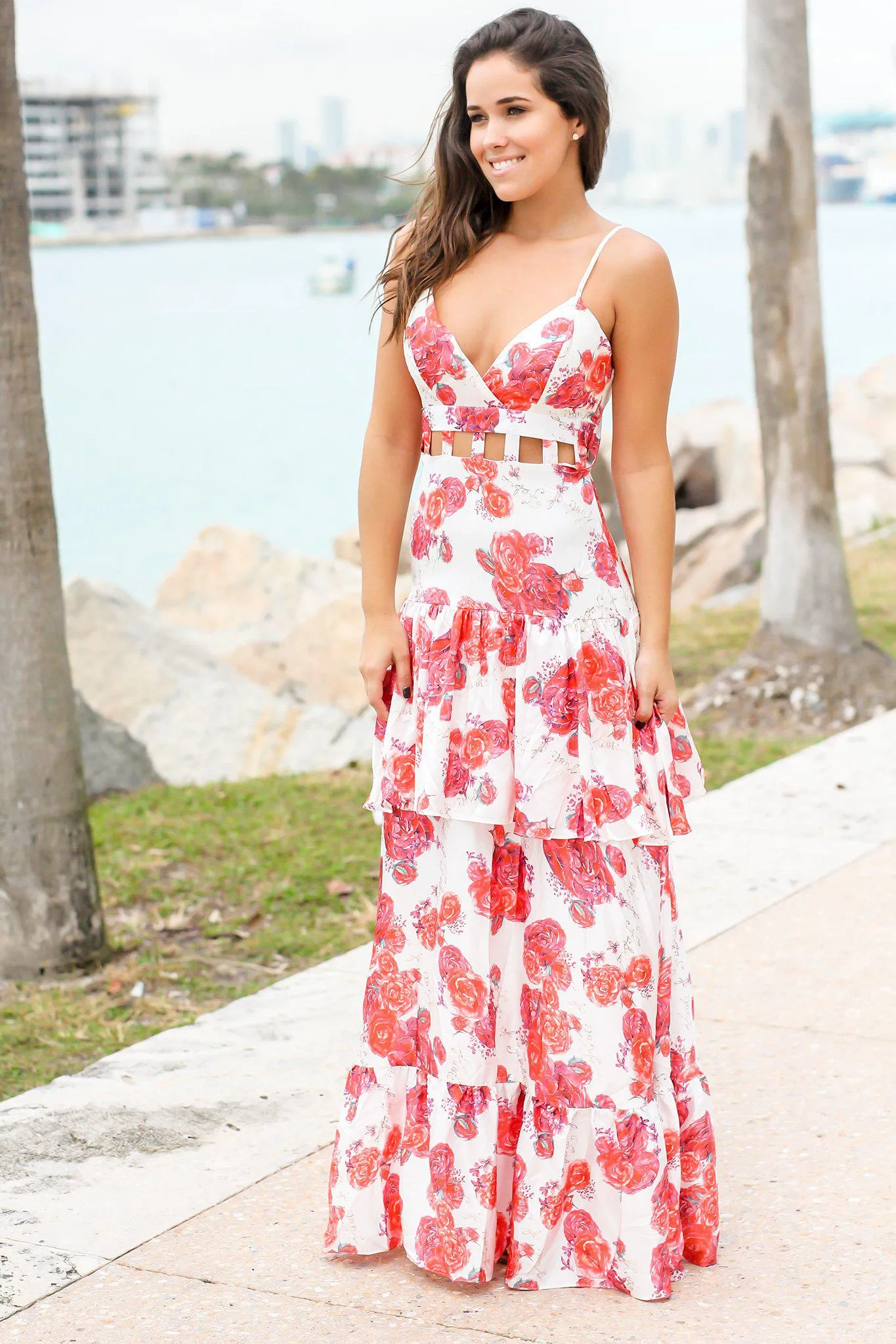 Rose Floral Maxi Dress with Cut Out Detail