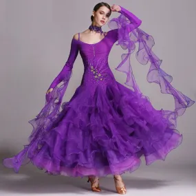 Ruffled Level Hemline Rhinestones Ballroom Dance Competition Costume Dresses For Women