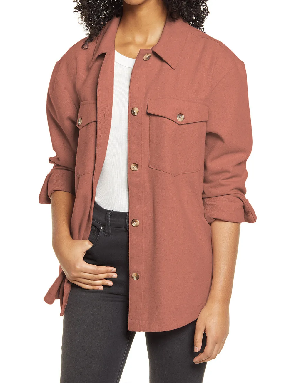 Rust Red Long Sleeves Button Down Shirt Jacket