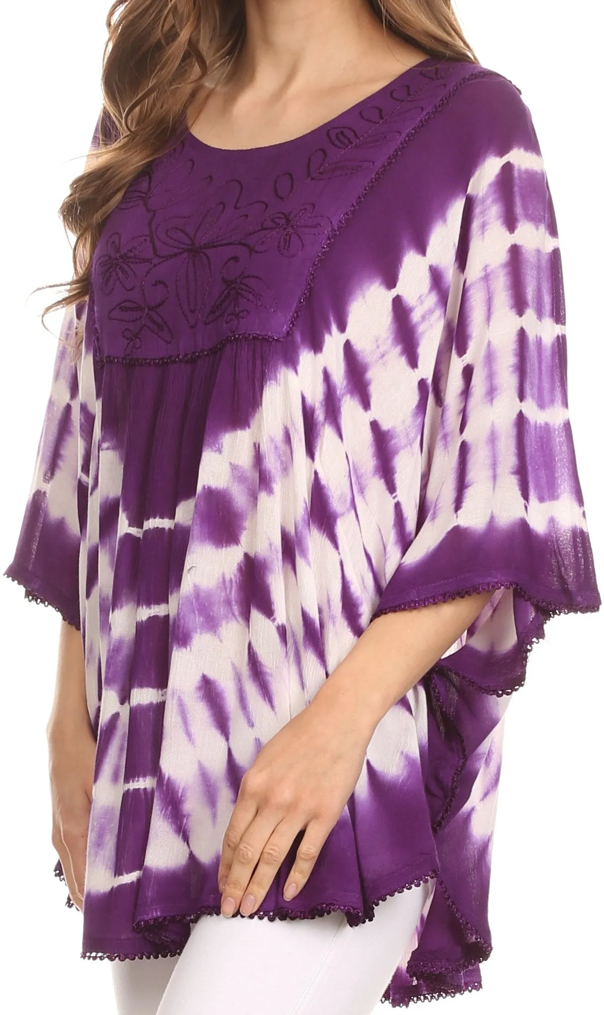 Sakkas Alannis Tie Dye Circle Poncho Top With With Wide Scoop Neck And Embroidery