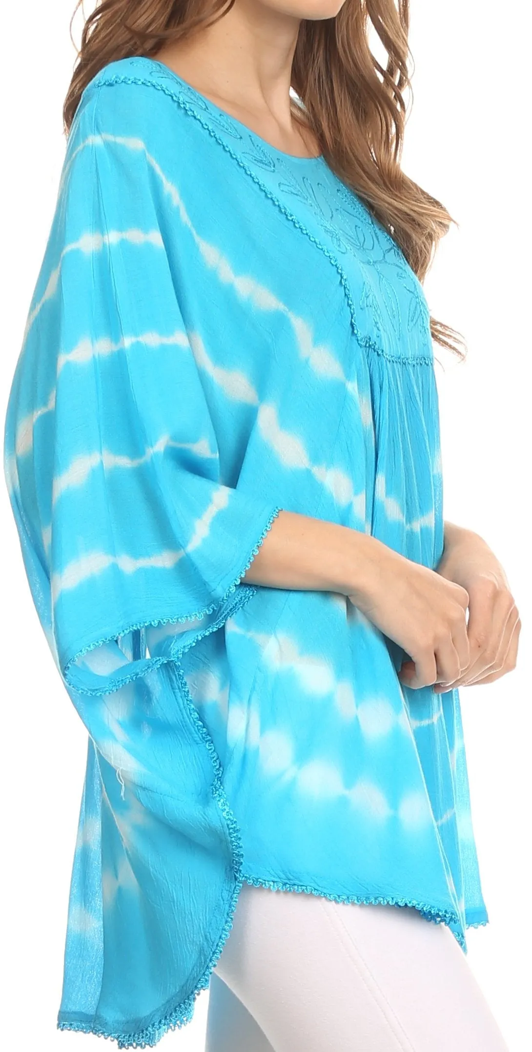 Sakkas Alannis Tie Dye Circle Poncho Top With With Wide Scoop Neck And Embroidery