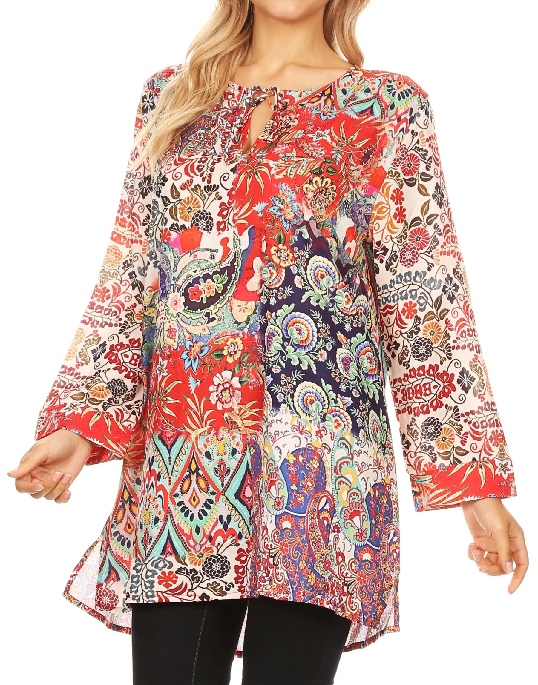 Sakkas Ida Womens Peasant Boho Tunic Blouse Top with Long Sleeves & Embellishing