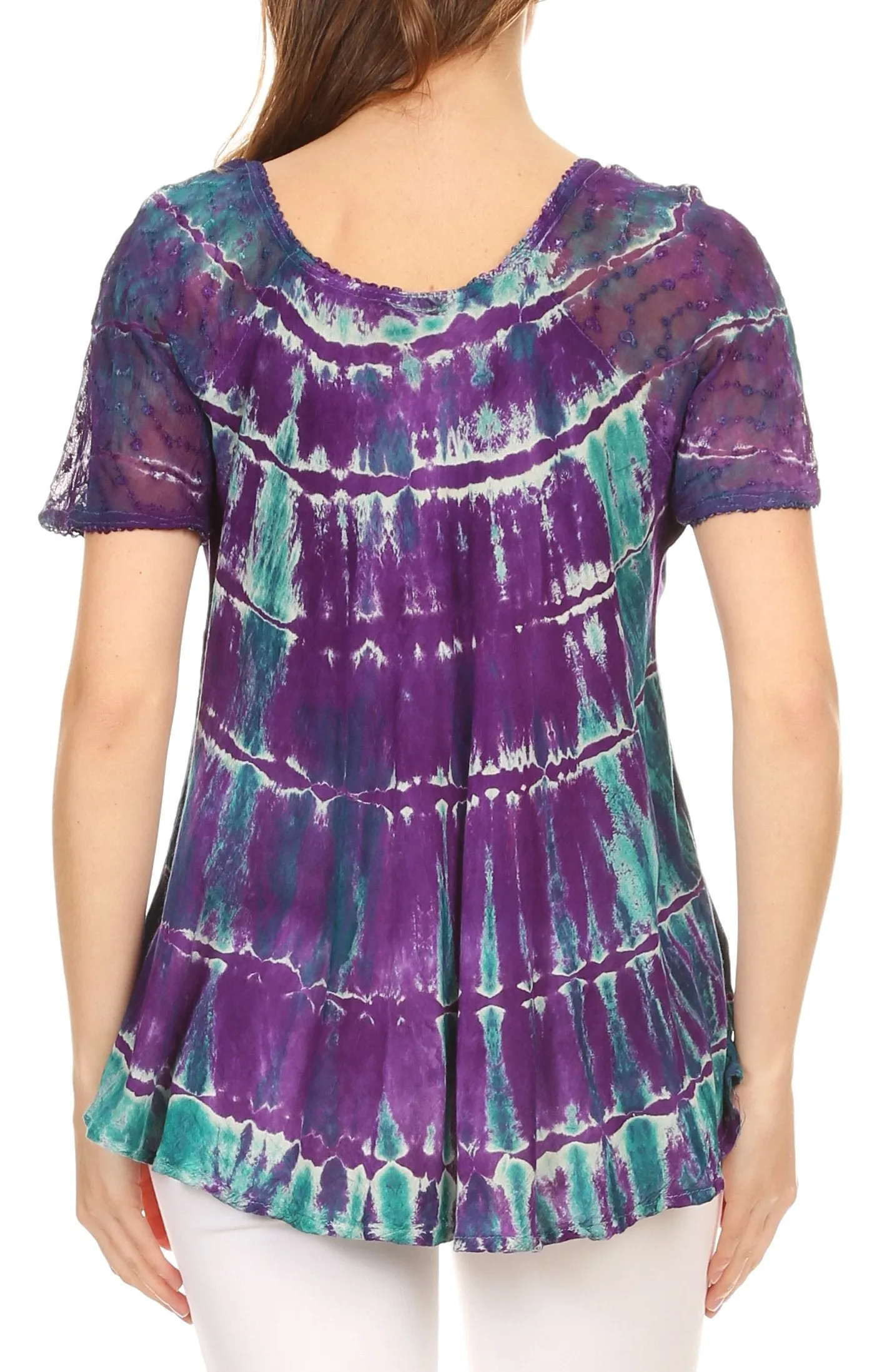 Sakkas Isayan Multi Color Embellished Tie Dye Sheer Cap Sleeve Tunic Top