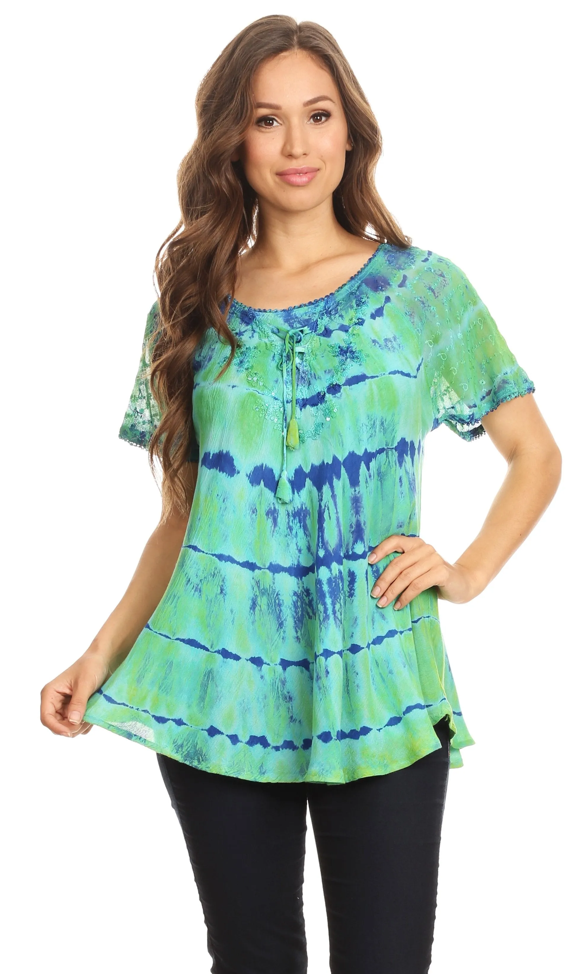 Sakkas Isayan Multi Color Embellished Tie Dye Sheer Cap Sleeve Tunic Top