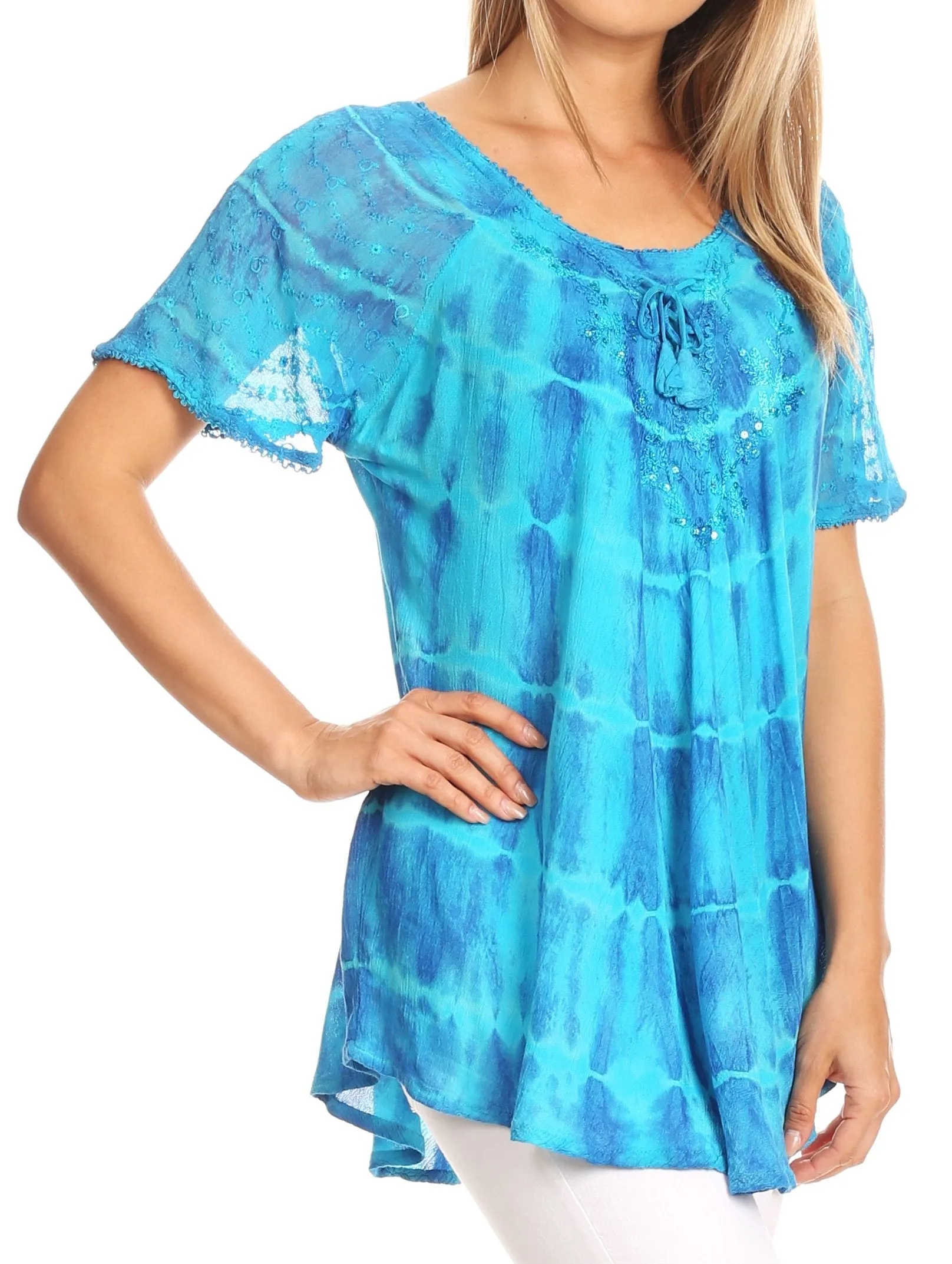 Sakkas Isayan Multi Color Embellished Tie Dye Sheer Cap Sleeve Tunic Top