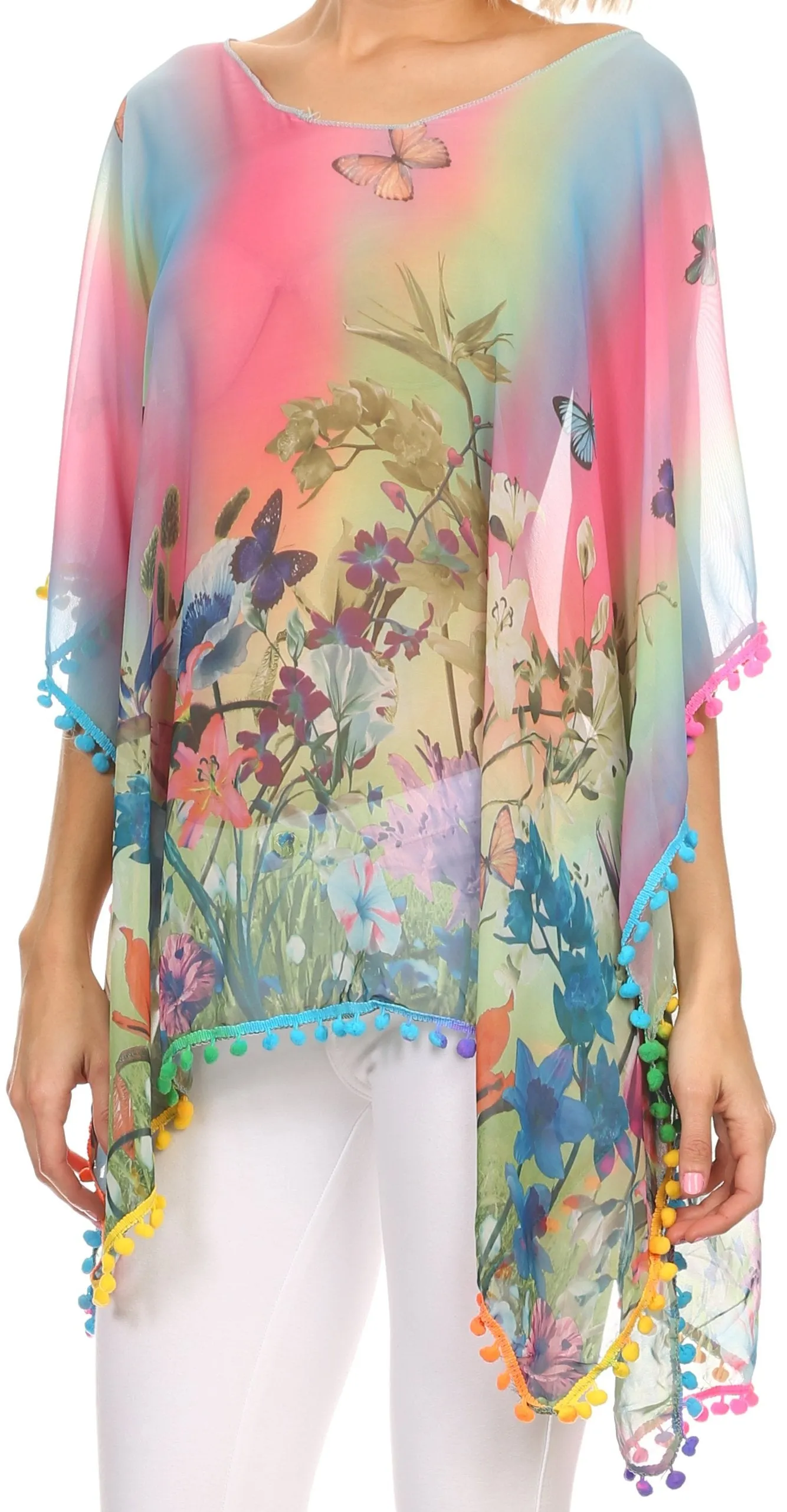 Sakkas Lilll Long Wide Ombre Pom Pom Embroidery Hem Floral Print Poncho Top Blouse