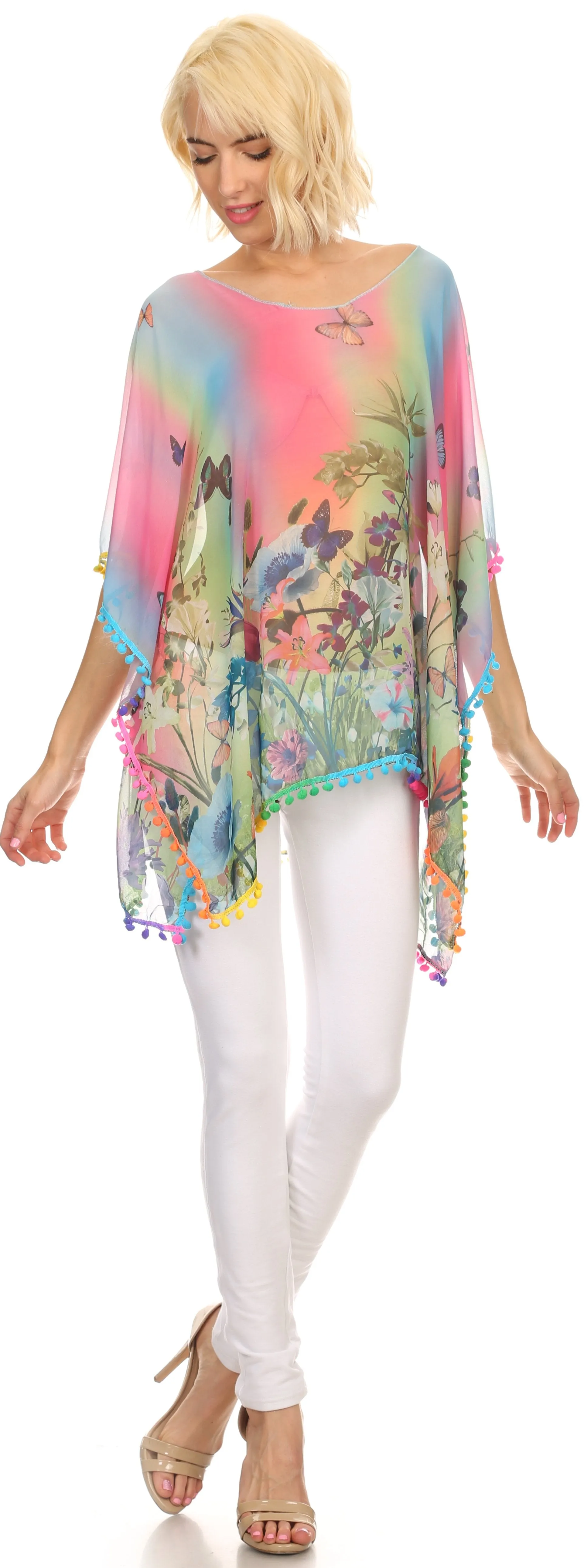 Sakkas Lilll Long Wide Ombre Pom Pom Embroidery Hem Floral Print Poncho Top Blouse