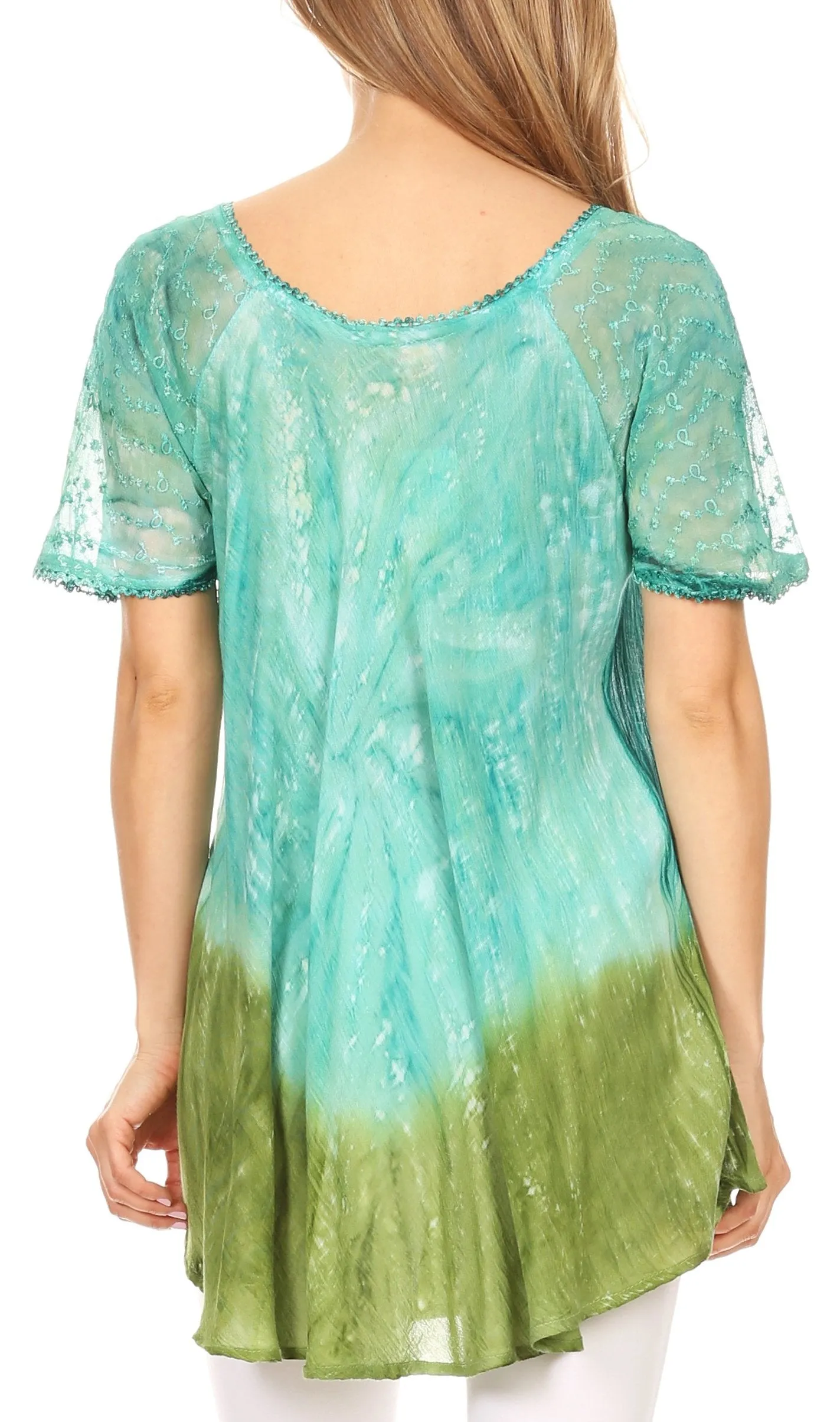 Sakkas Mira Tie Dye Two Tone Sheer Cap Sleeve Relaxed Fit Embellished Tunic Top