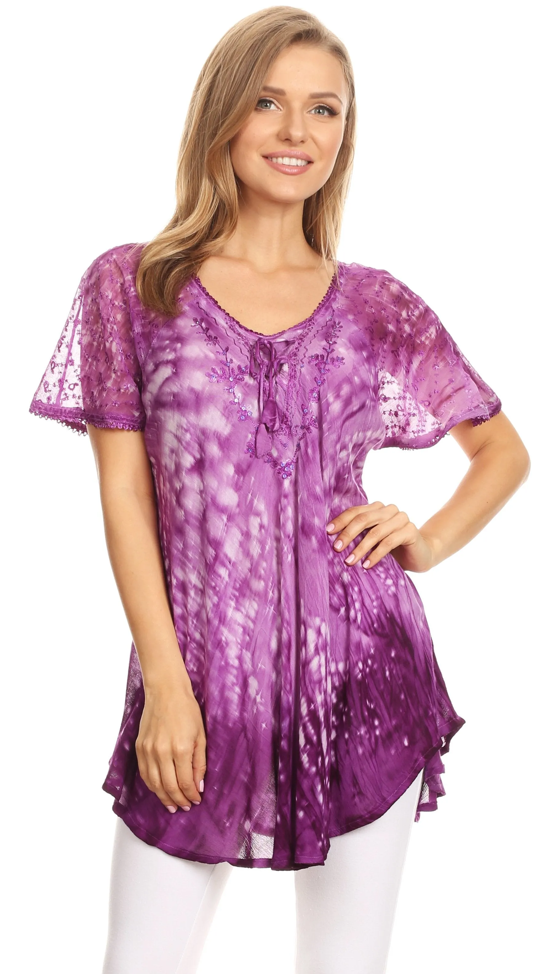 Sakkas Mira Tie Dye Two Tone Sheer Cap Sleeve Relaxed Fit Embellished Tunic Top