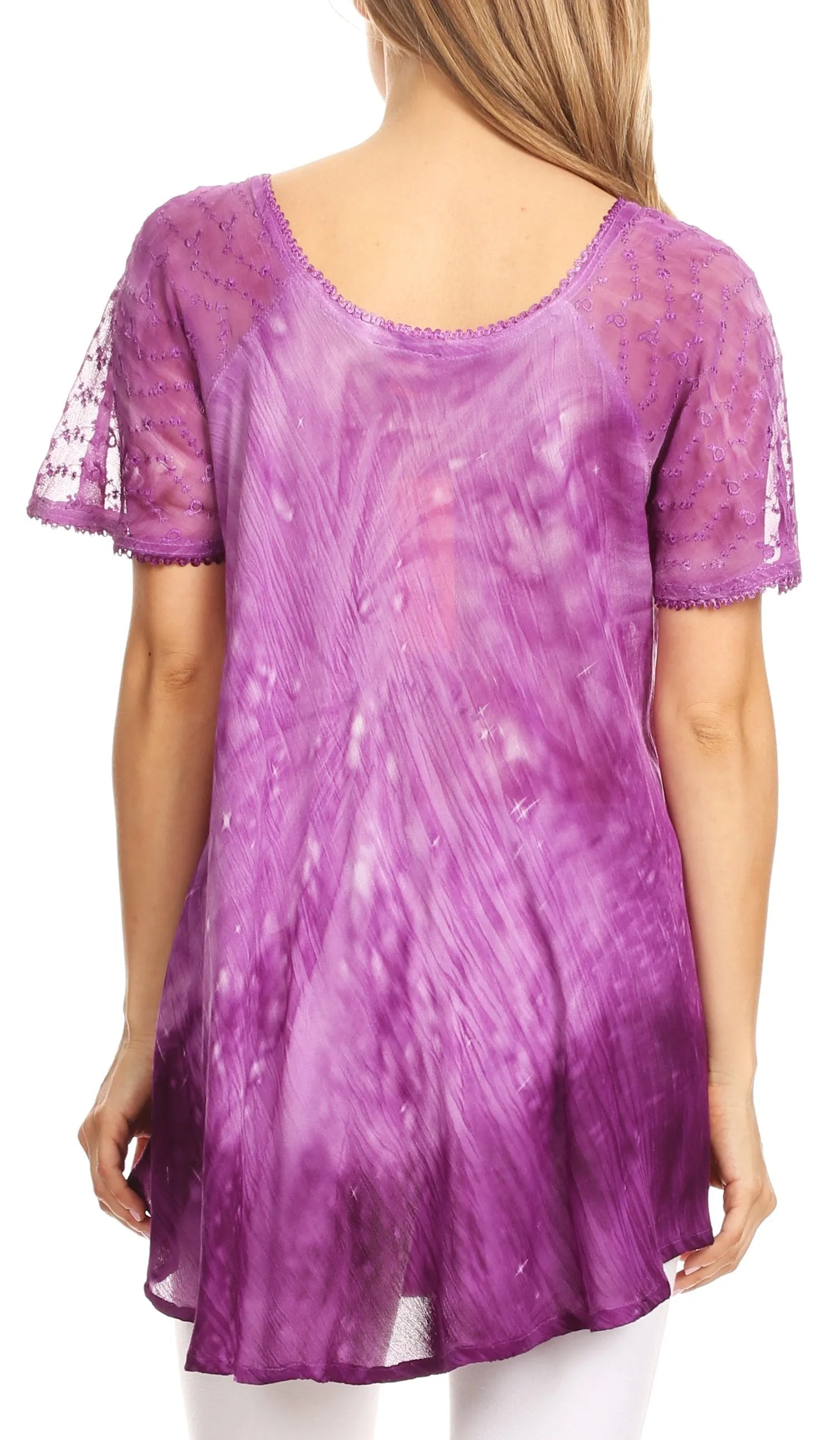 Sakkas Mira Tie Dye Two Tone Sheer Cap Sleeve Relaxed Fit Embellished Tunic Top