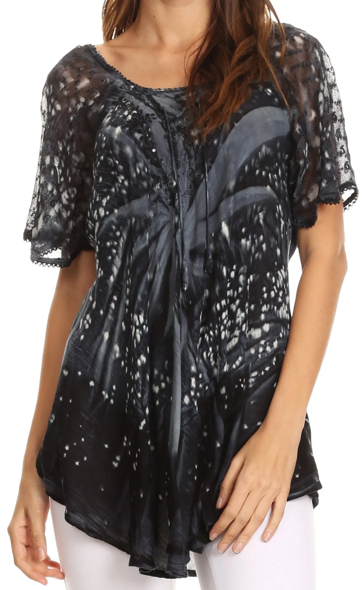 Sakkas Mira Tie Dye Two Tone Sheer Cap Sleeve Relaxed Fit Embellished Tunic Top