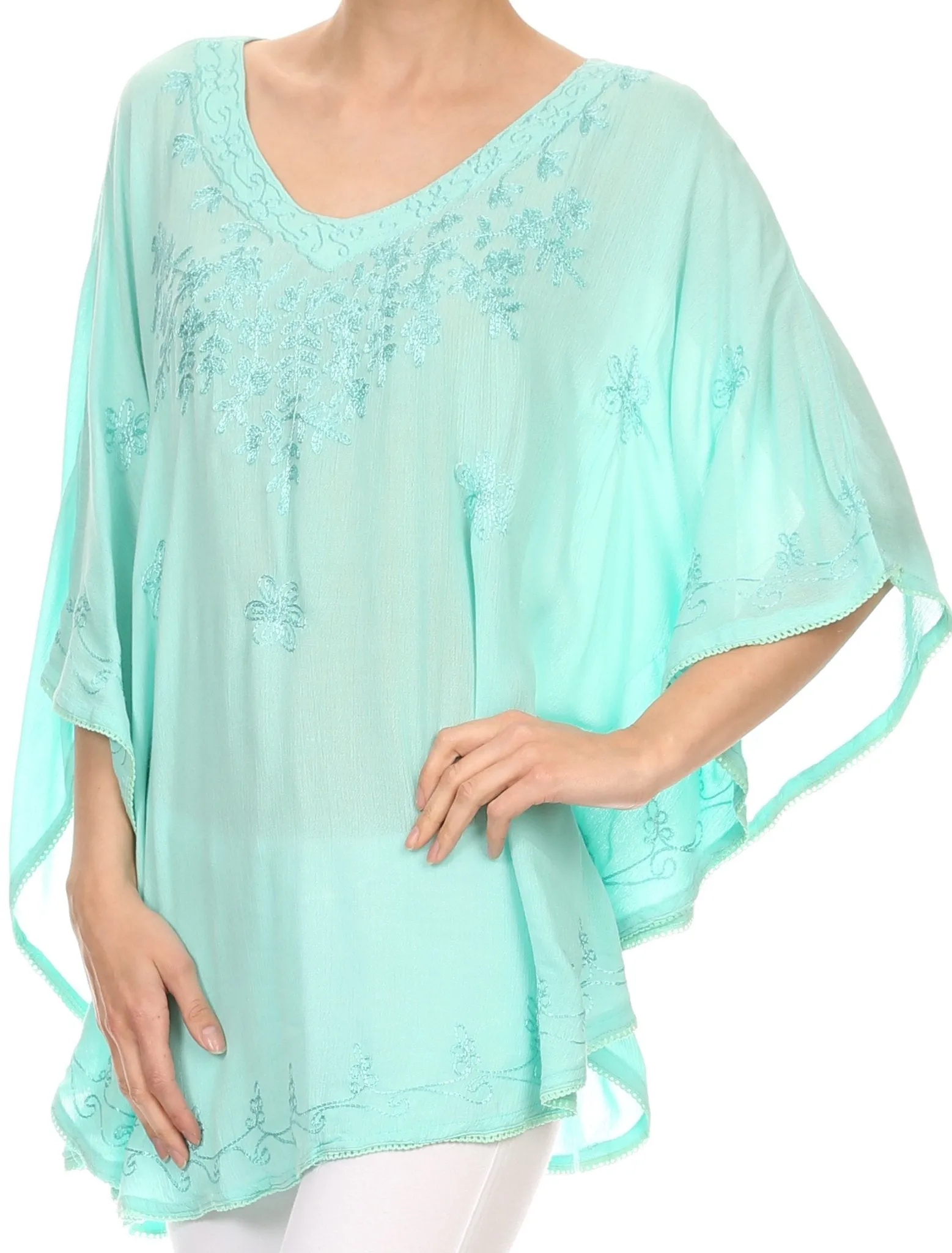 Sakkas Valeray Nature Floral Embroidered Wide Long Poncho Tunic Blouse Shirt Top