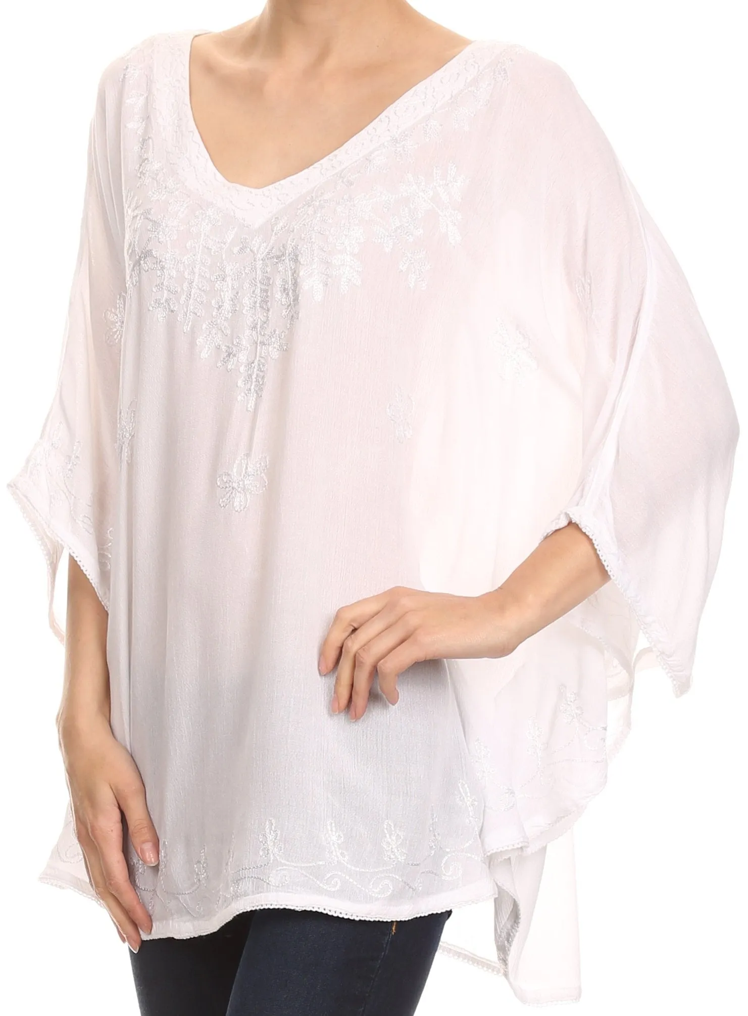 Sakkas Valeray Nature Floral Embroidered Wide Long Poncho Tunic Blouse Shirt Top