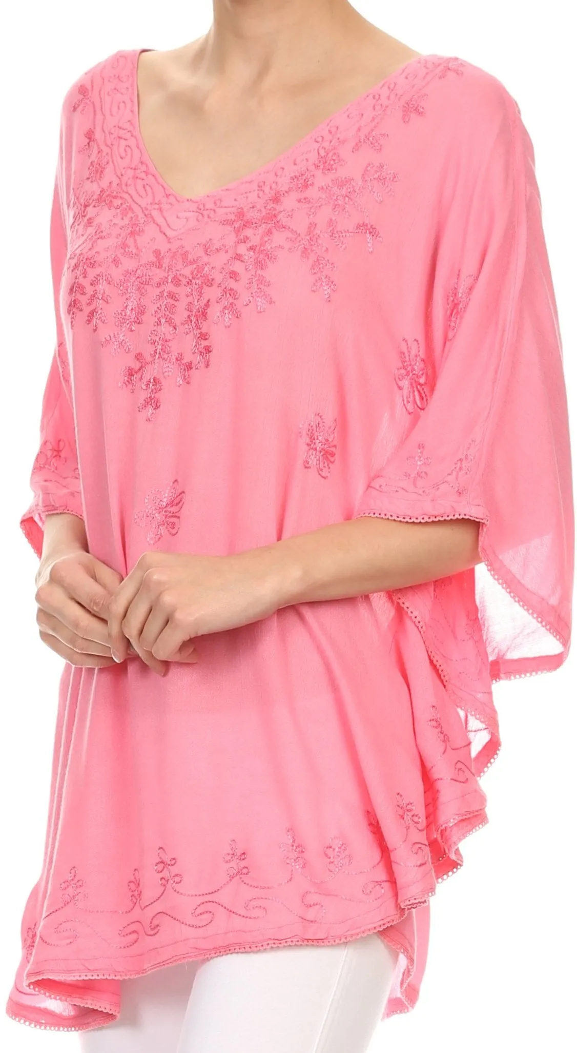 Sakkas Valeray Nature Floral Embroidered Wide Long Poncho Tunic Blouse Shirt Top