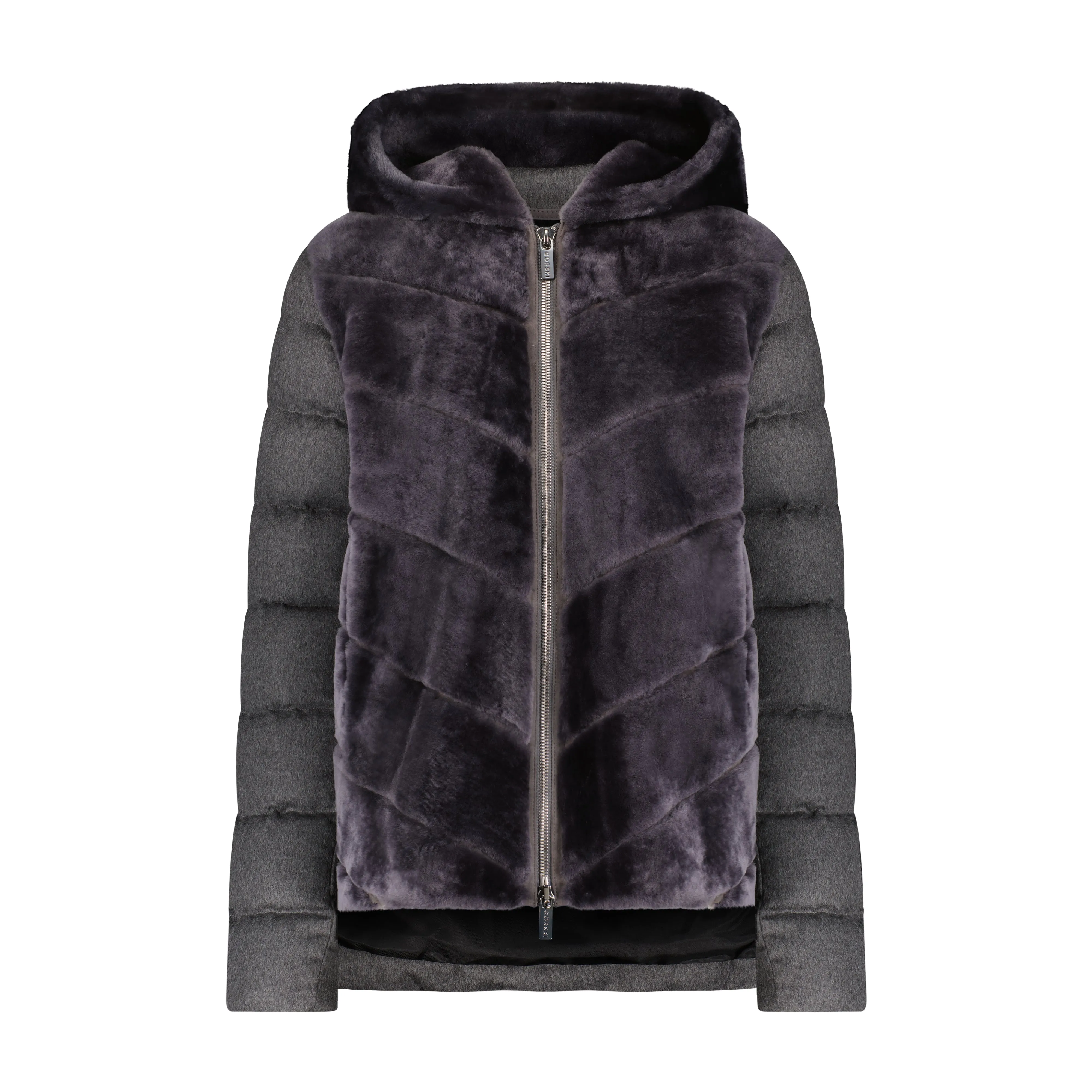 Select Shearling Lamb Chevron Parka with Cashmere & Wool Sleeves and Back