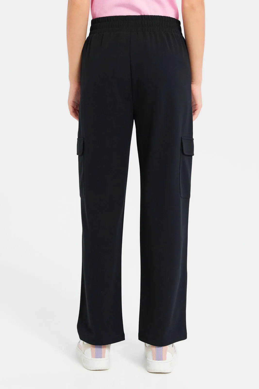 Senior Girls Black Printed Pants With Cargo Pocket