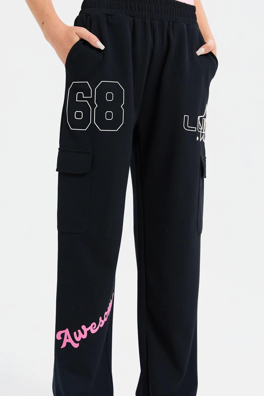 Senior Girls Black Printed Pants With Cargo Pocket