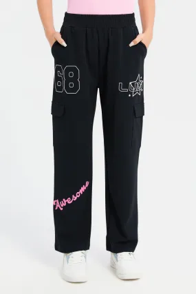 Senior Girls Black Printed Pants With Cargo Pocket