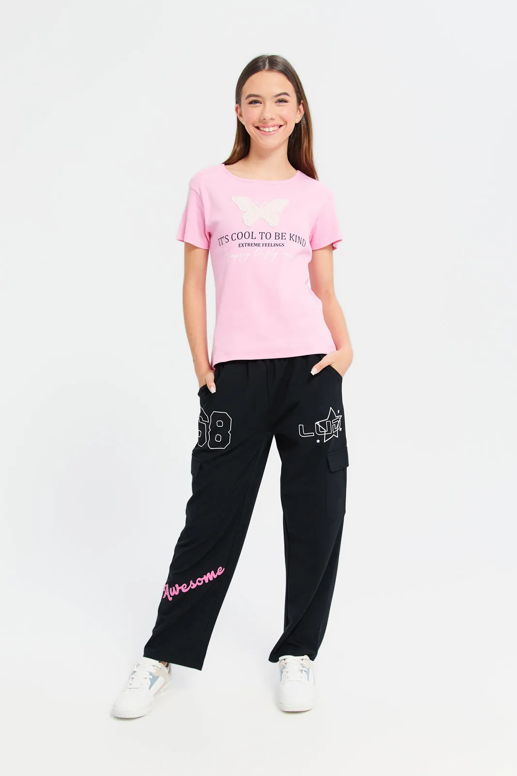 Senior Girls Black Printed Pants With Cargo Pocket