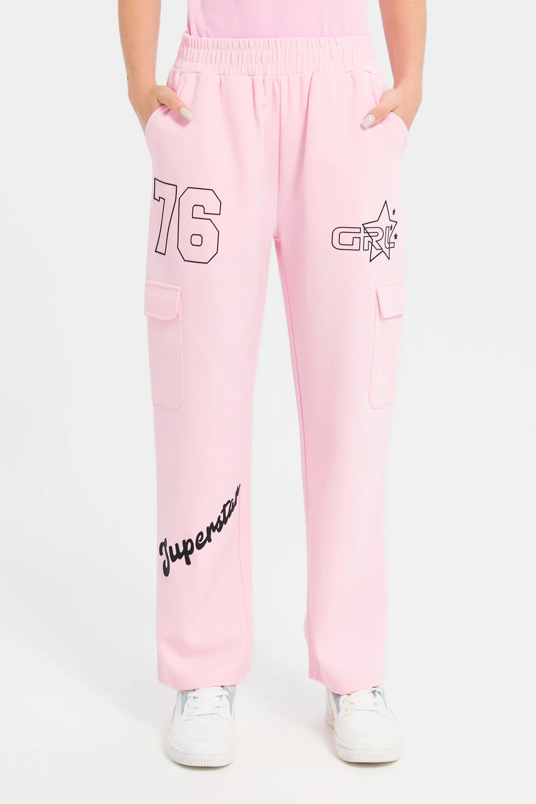 Senior Girls Pink Printed Pants With Cargo Pocket