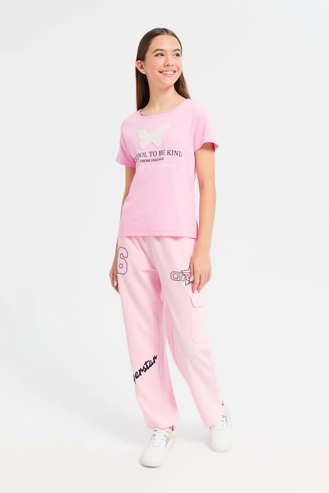 Senior Girls Pink Printed Pants With Cargo Pocket