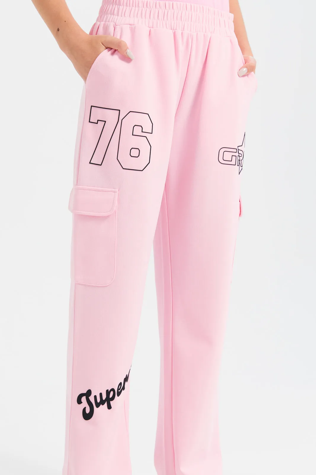 Senior Girls Pink Printed Pants With Cargo Pocket