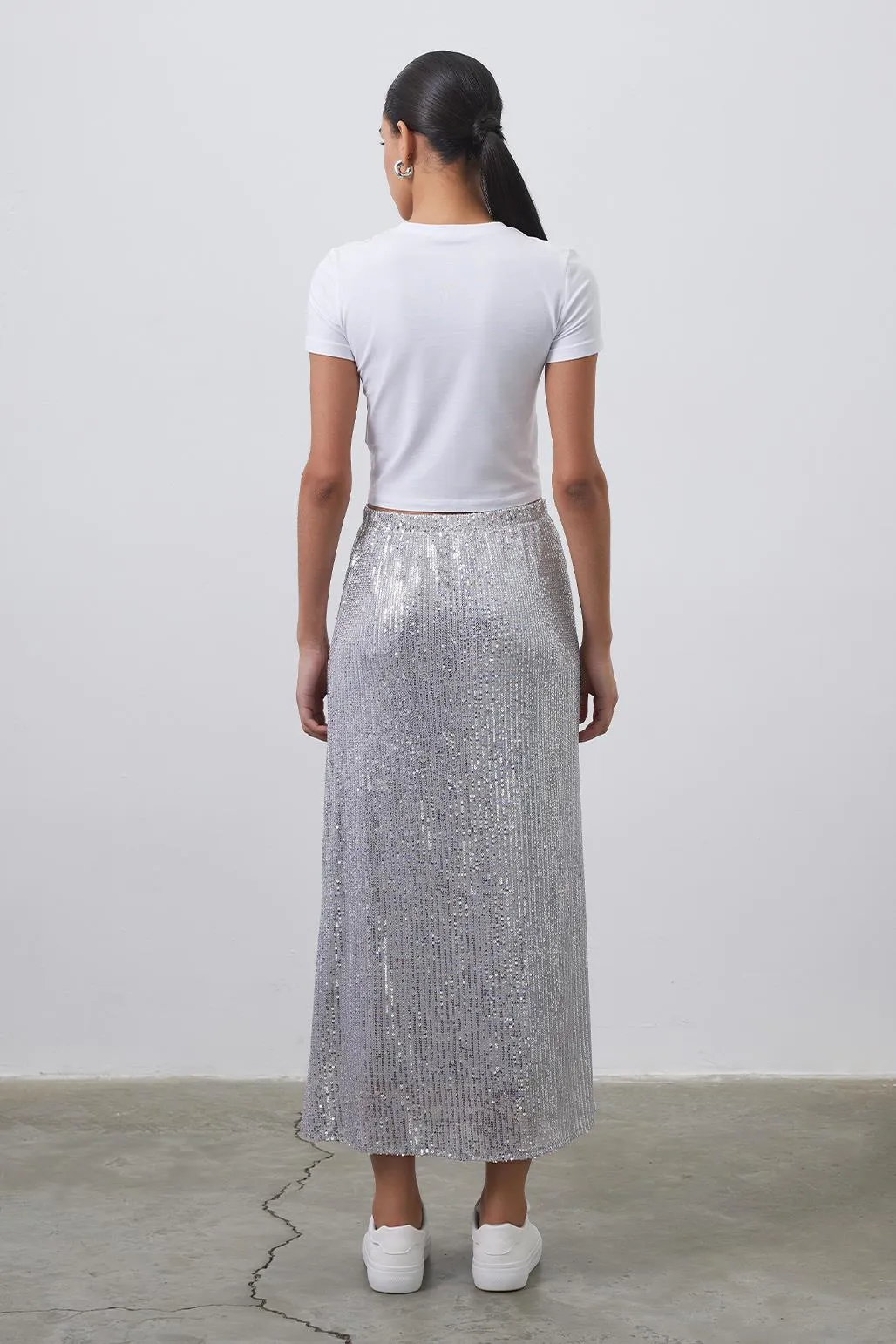 Sequin Embroidered Pencil Skirt Silver