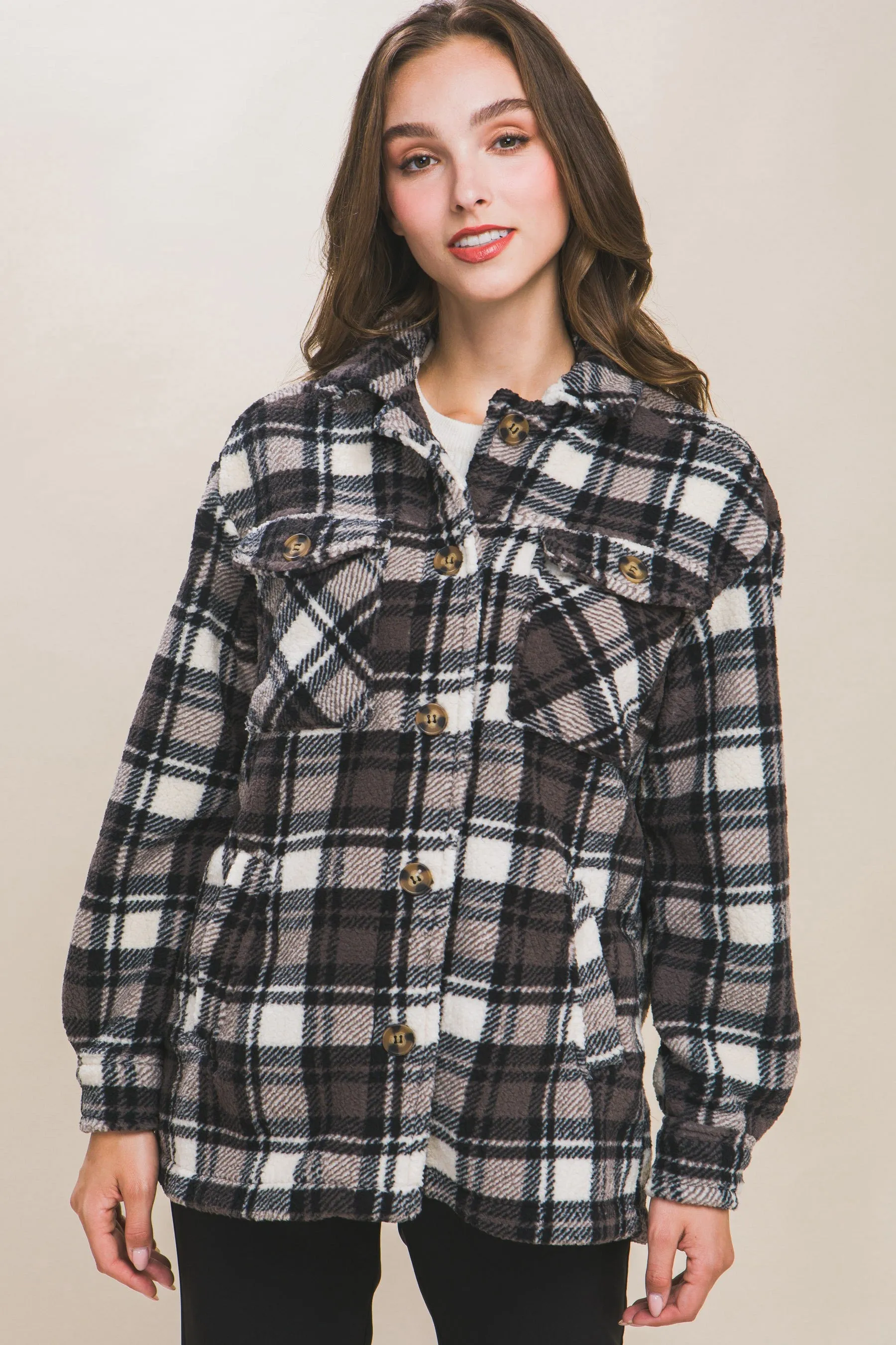 Sherpa Fleece Plaid Jacket - Black & Ivory