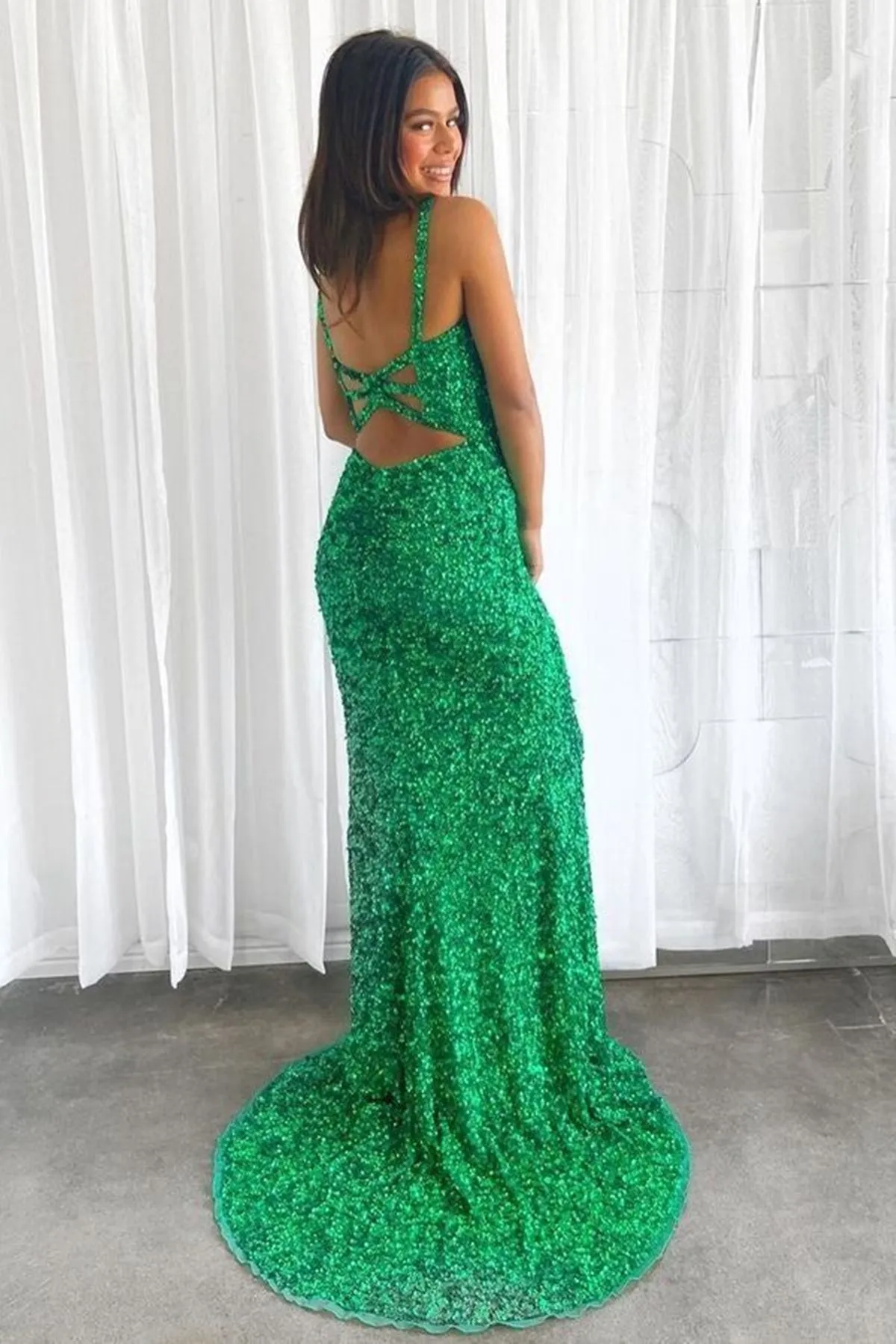 Shiny Green Sequins V Neck Mermaid Long Prom Dresses with High Slit, Open Back Green Formal Dresses, Green Sequins Evening Dresses