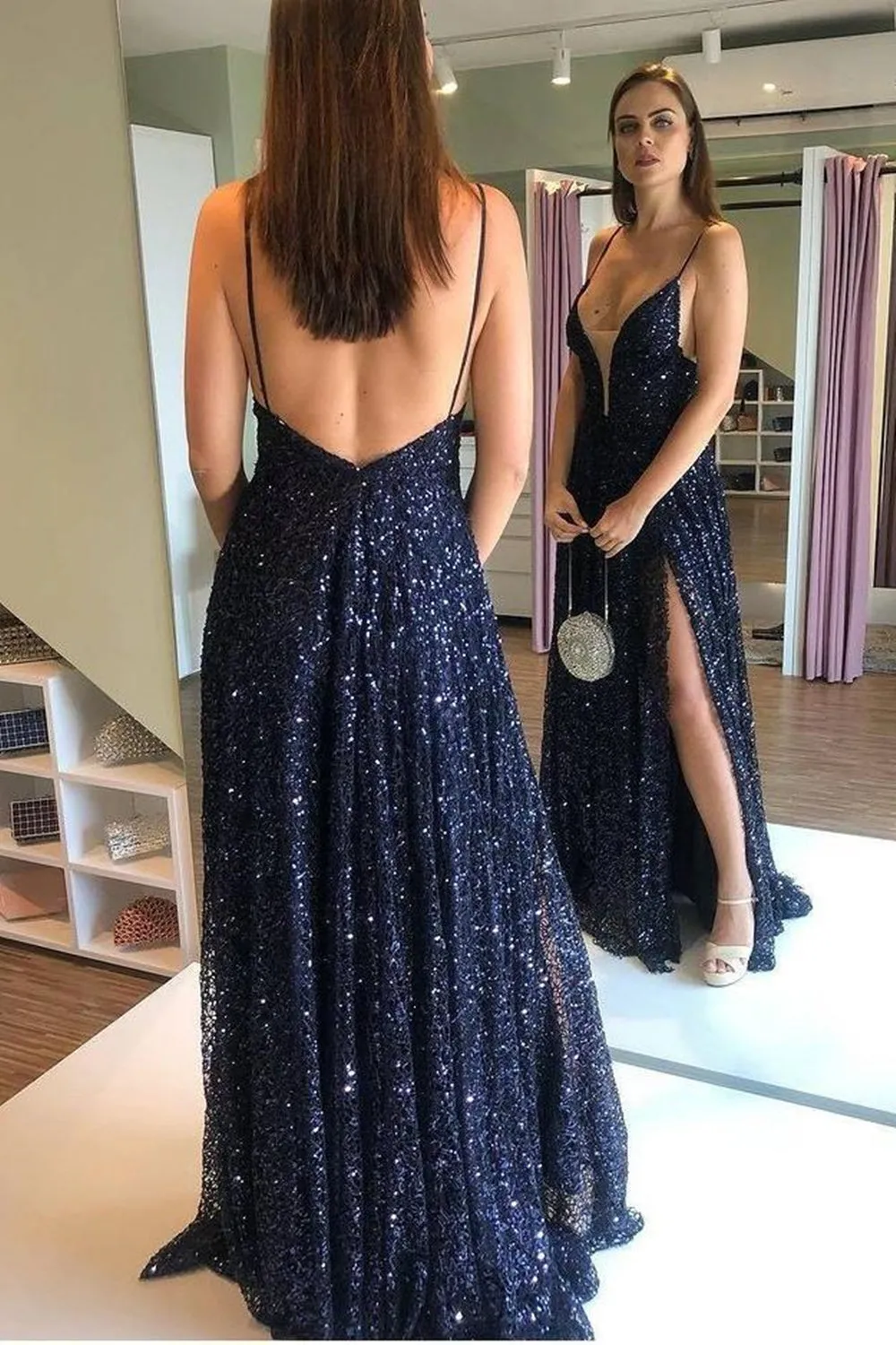 Shiny V Neck Backless Navy Blue Long Prom Dress with High Slit, Dark Blue Formal Graduation Evening Dress A1344