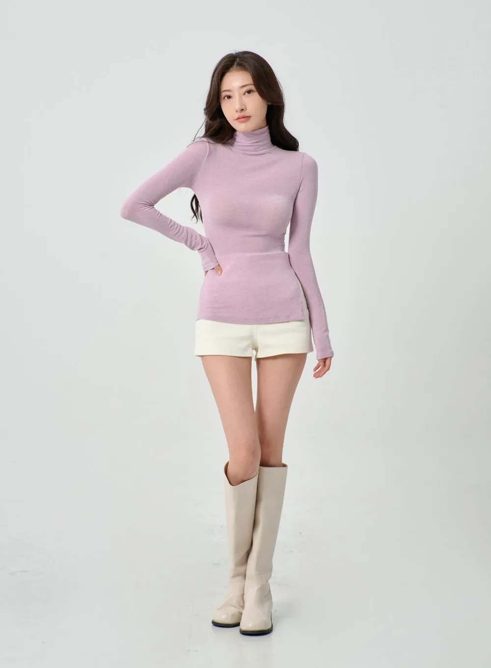 Side Cut Turtleneck Long Sleeve T-Shirt IO31