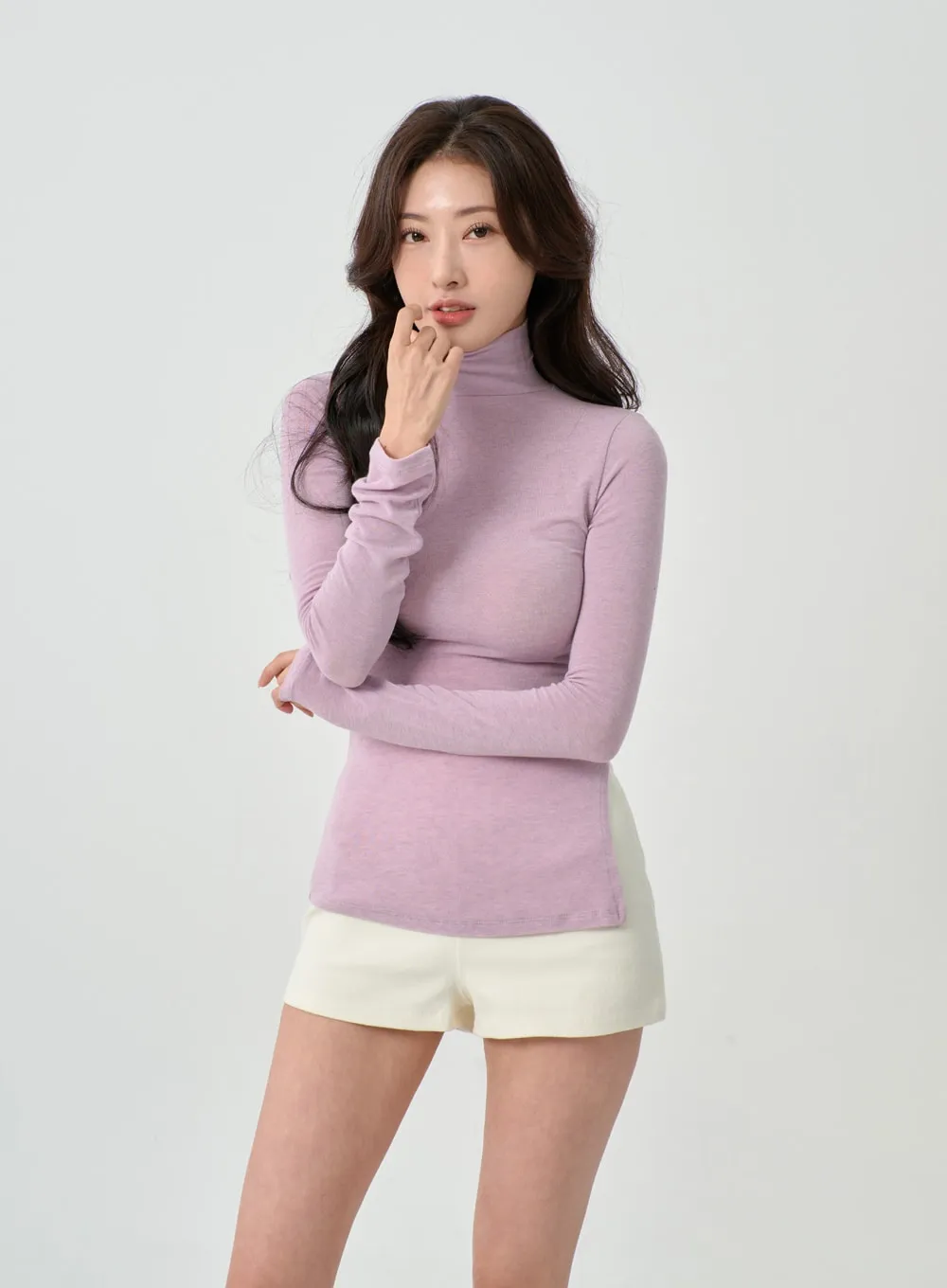 Side Cut Turtleneck Long Sleeve T-Shirt IO31