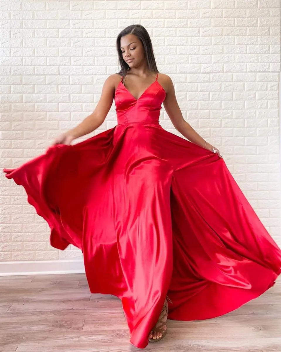 Simple A Line V Neck Red Satin Long Prom with Slit, V Neck Red Formal, Red Evening