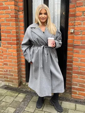 Sinita Grey Button Detailed Belted Trench Coat - Plus Size