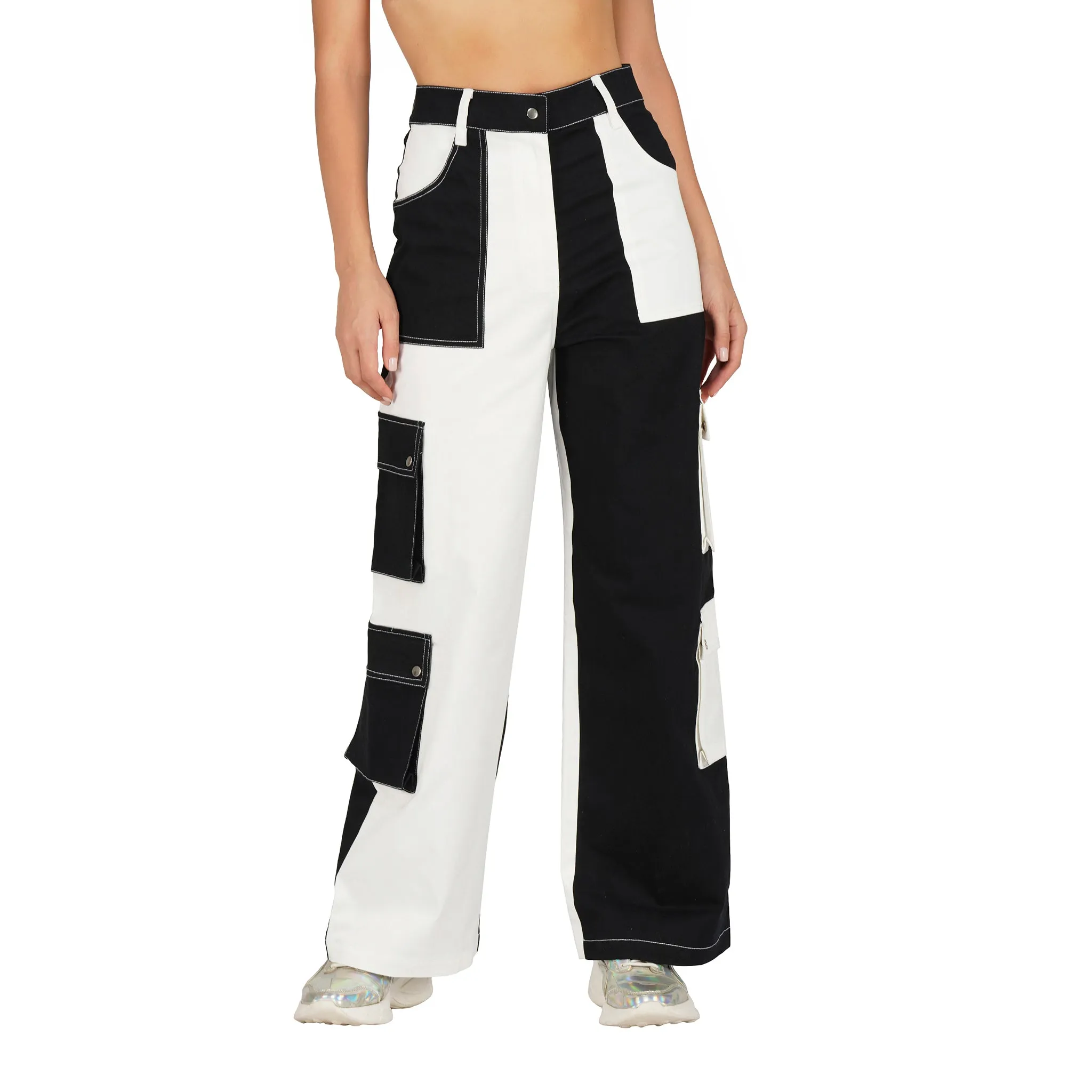 SLAY. Women's Black & White Colorblock Baggy Jeans & Crop Top Co-ord Set