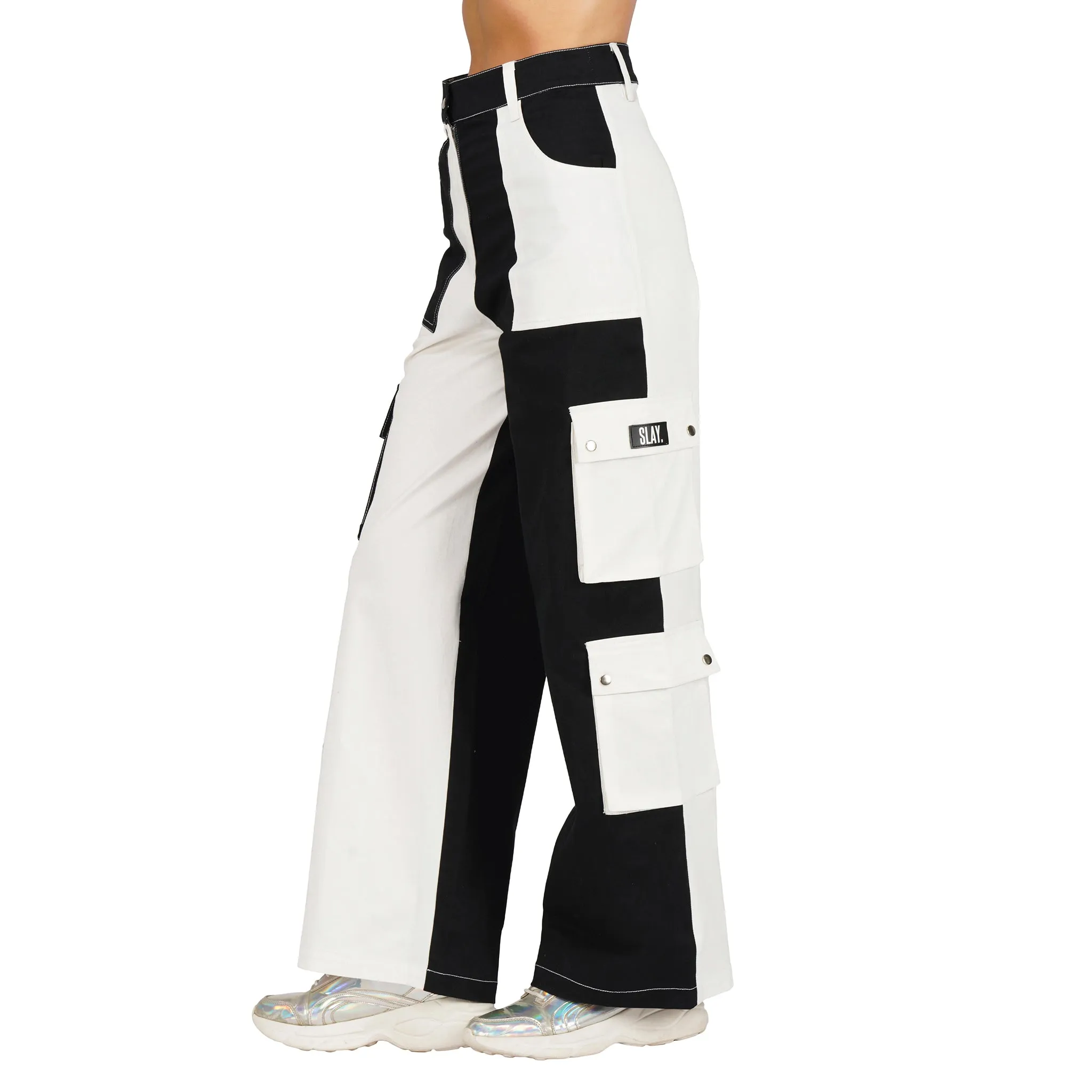 SLAY. Women's Black & White Colorblock Baggy Jeans & Crop Top Co-ord Set